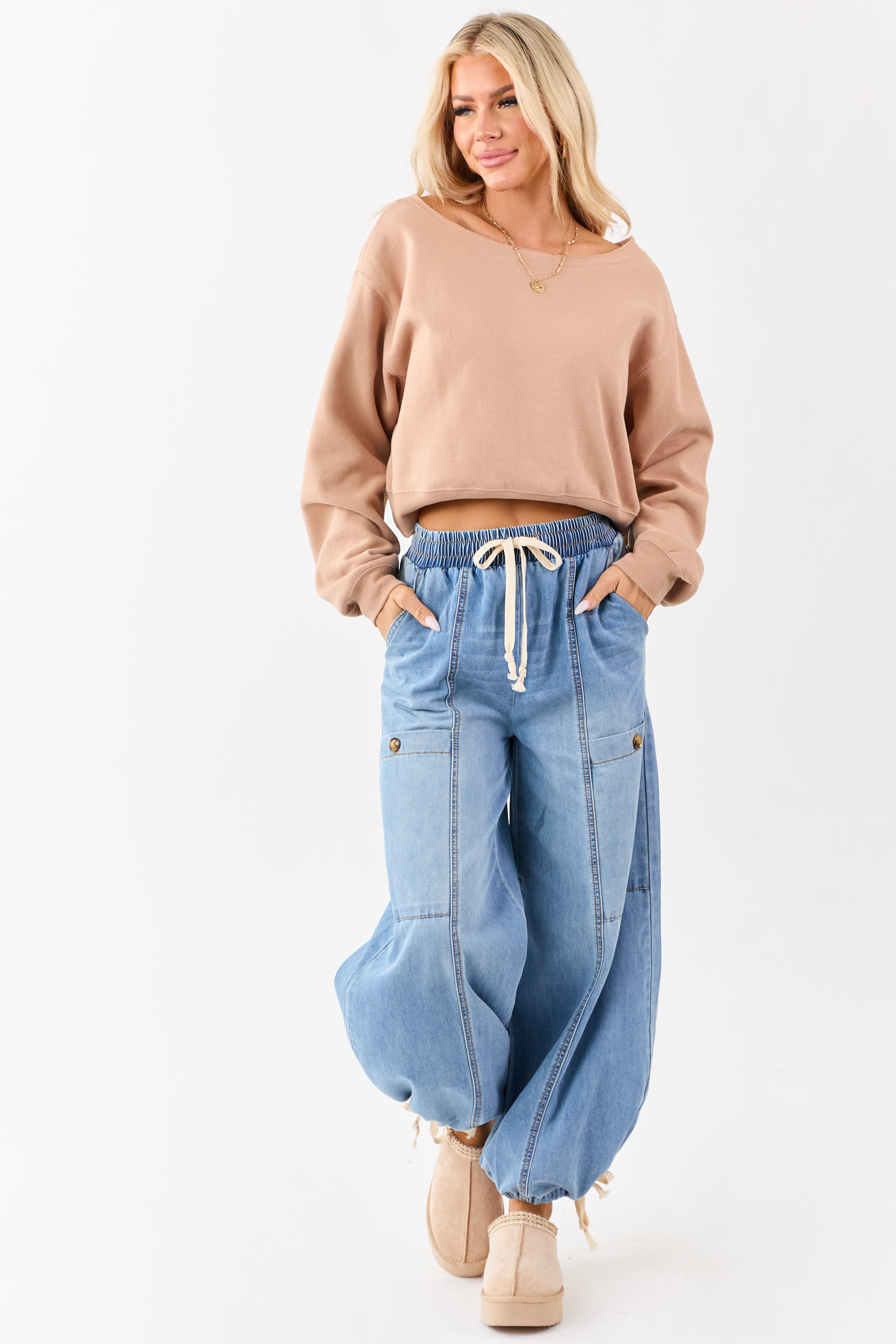 Nude Raw Boat Neck Boxy Pullover Sweatshirt