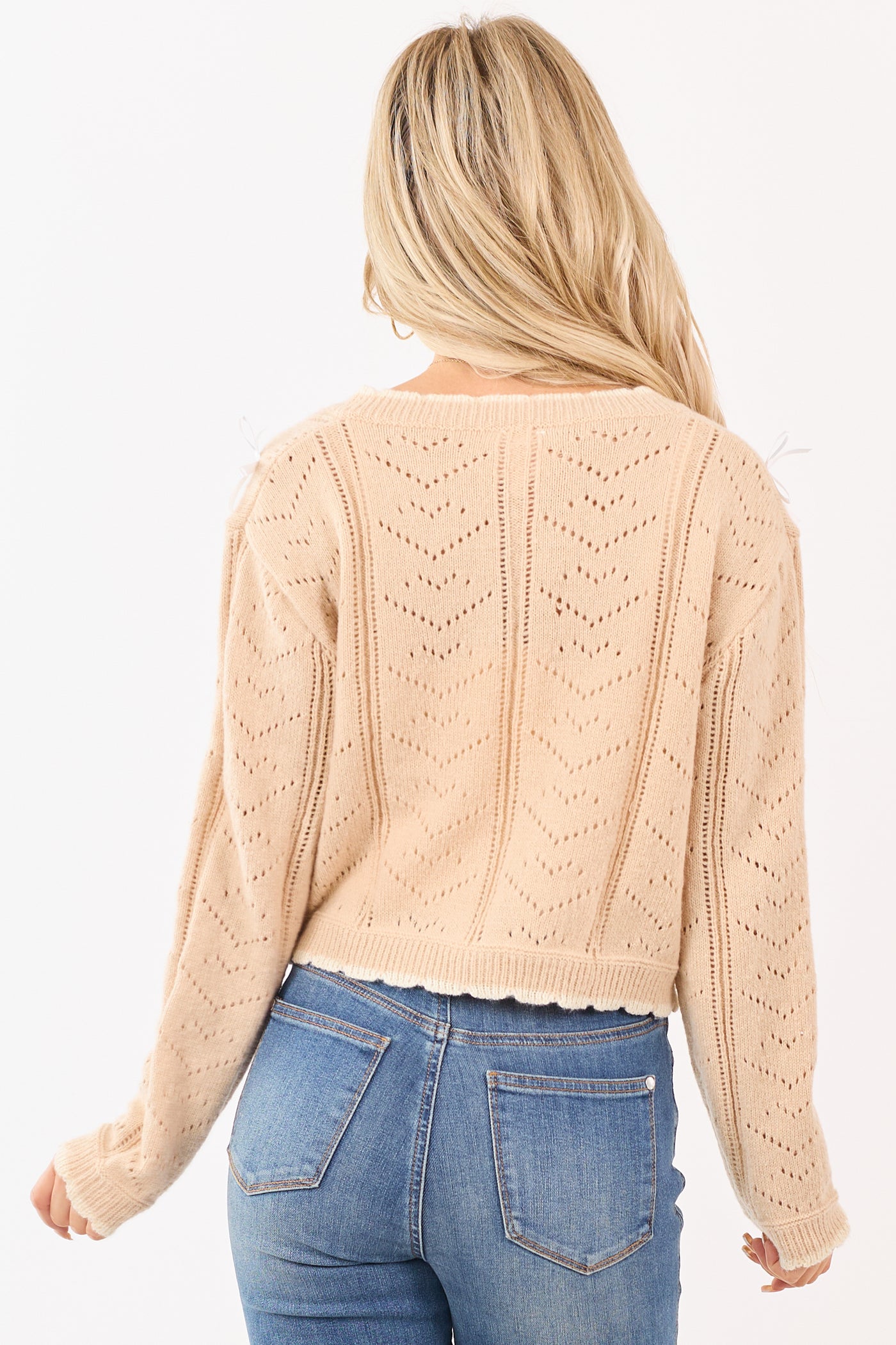 Nude Ribbon Bow Pointelle Knit Boxy Cardigan