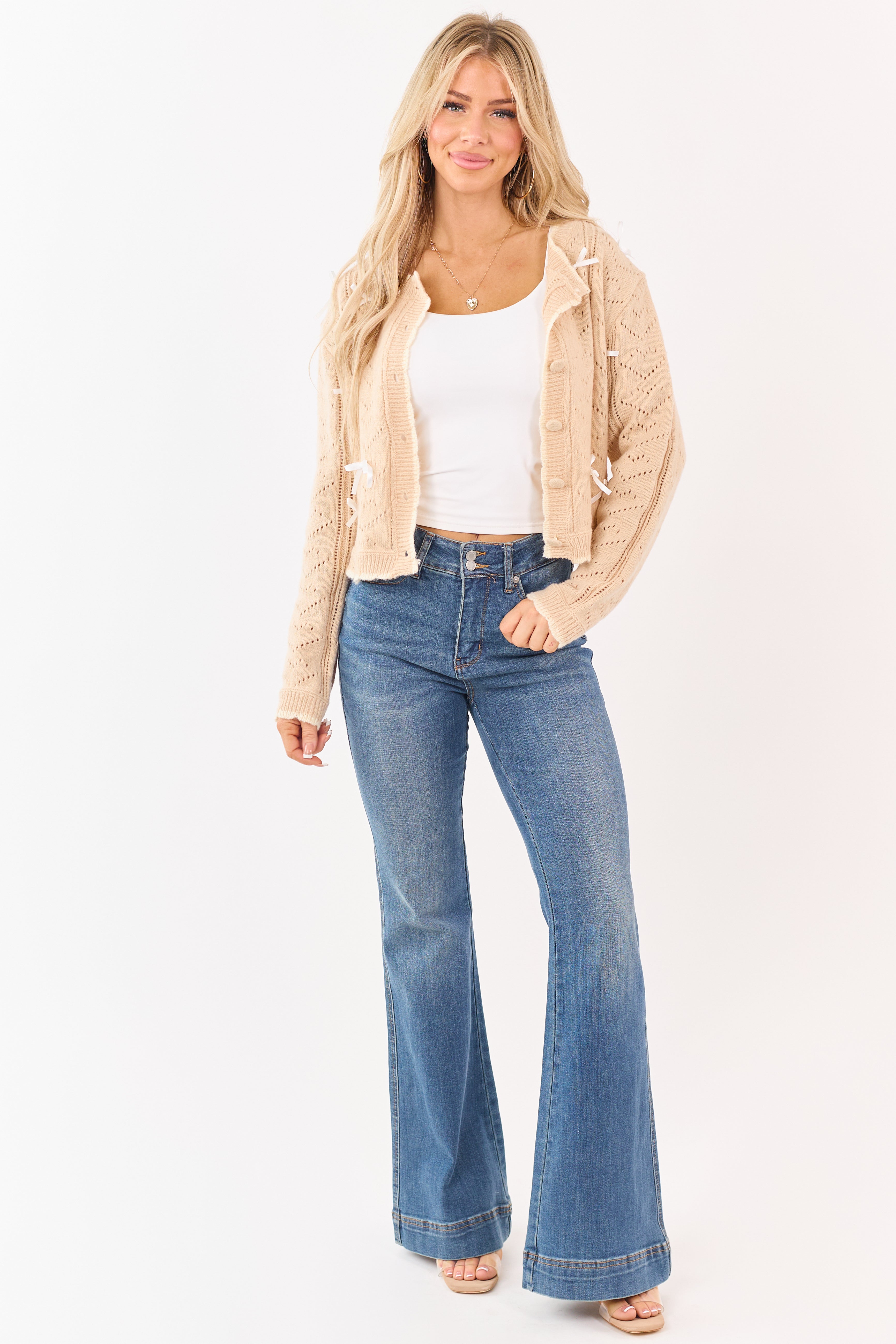 Nude Ribbon Bow Pointelle Knit Boxy Cardigan