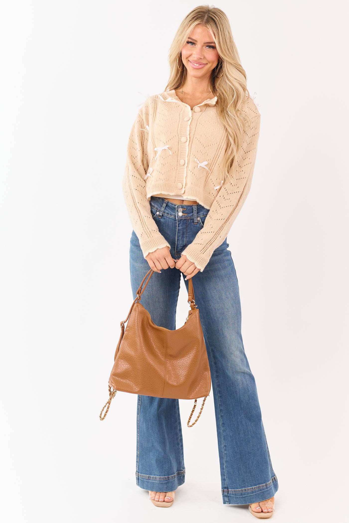 Nude Ribbon Bow Pointelle Knit Boxy Cardigan