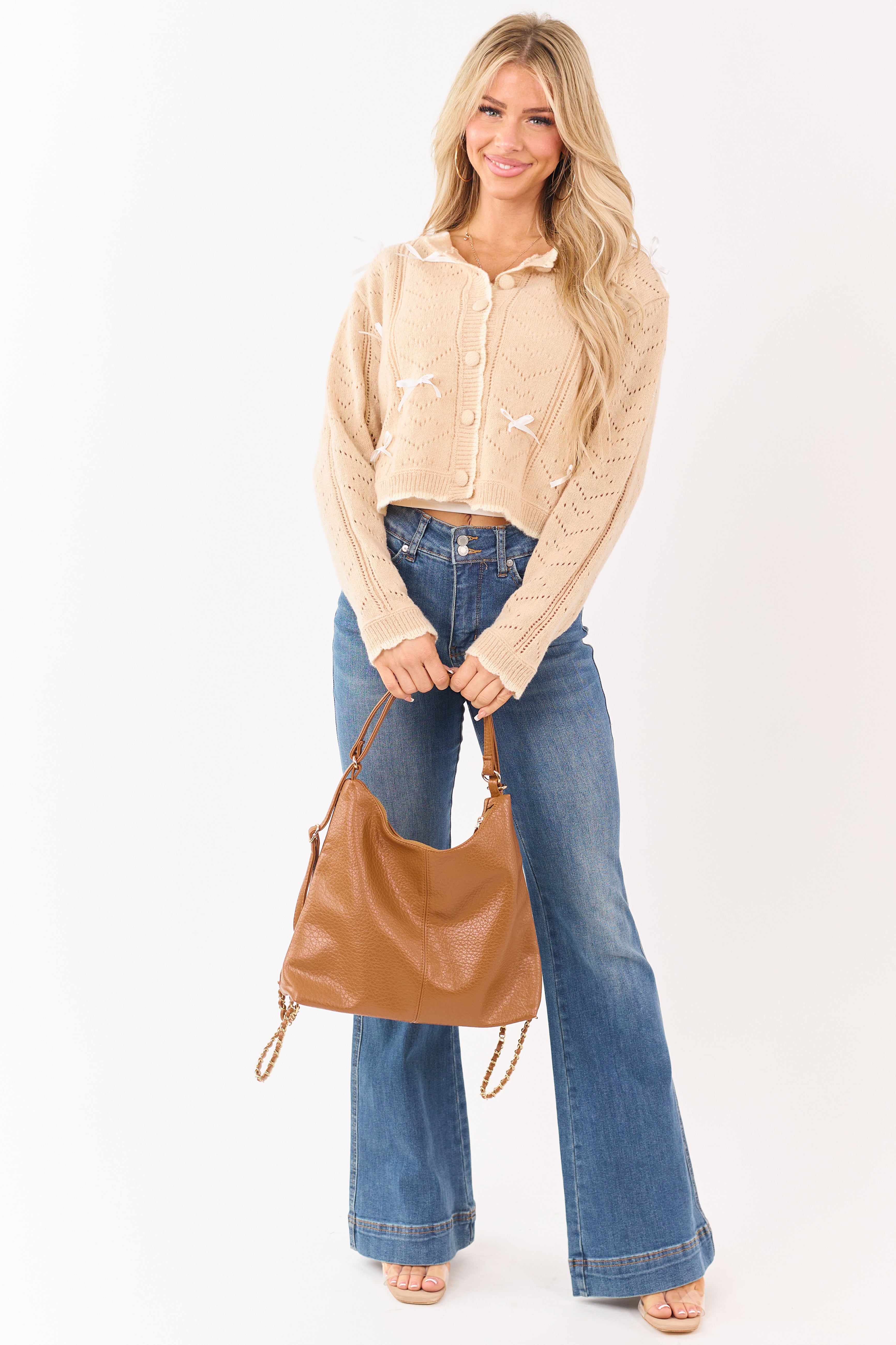 Nude Ribbon Bow Pointelle Knit Boxy Cardigan