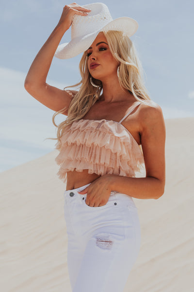 Nude Ruffle Tulle Spaghetti Strap Corset Top