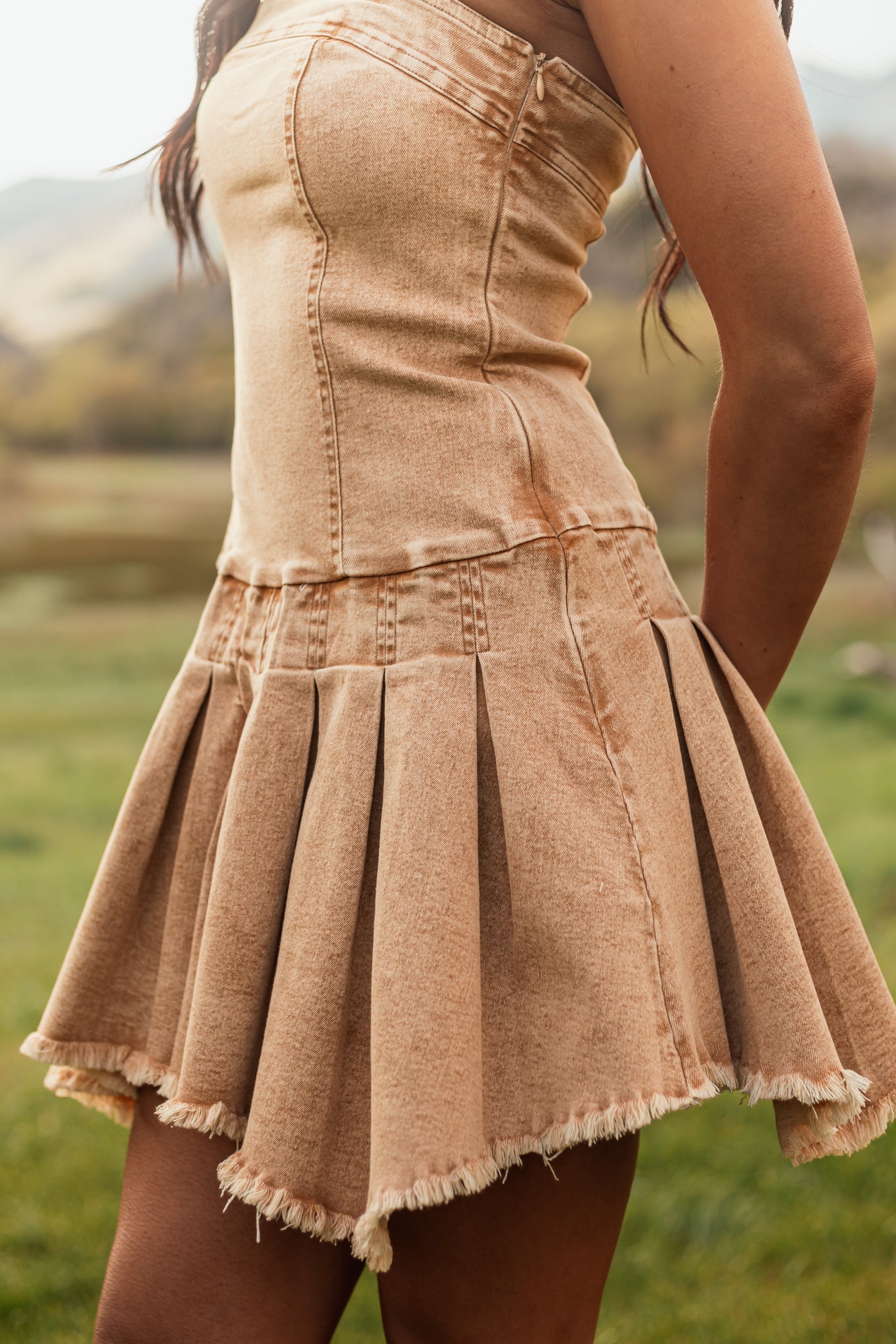 Nude Washed Stretchy Denim Strapless Mini Dress Nude Washed Stretchy Denim Strapless Mini Dress