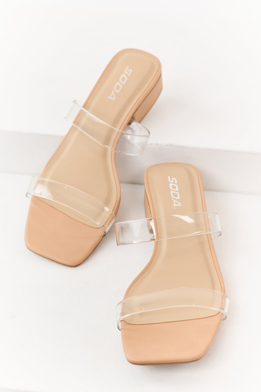 Nude Clear Double Strap Low Heel Slip On Sandals