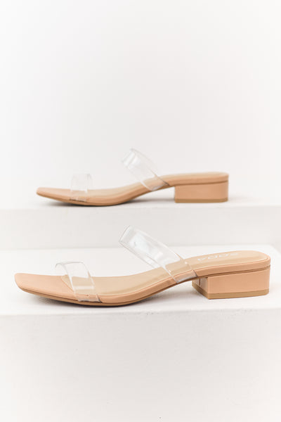 Nude Clear Double Strap Low Heel Slip On Sandals