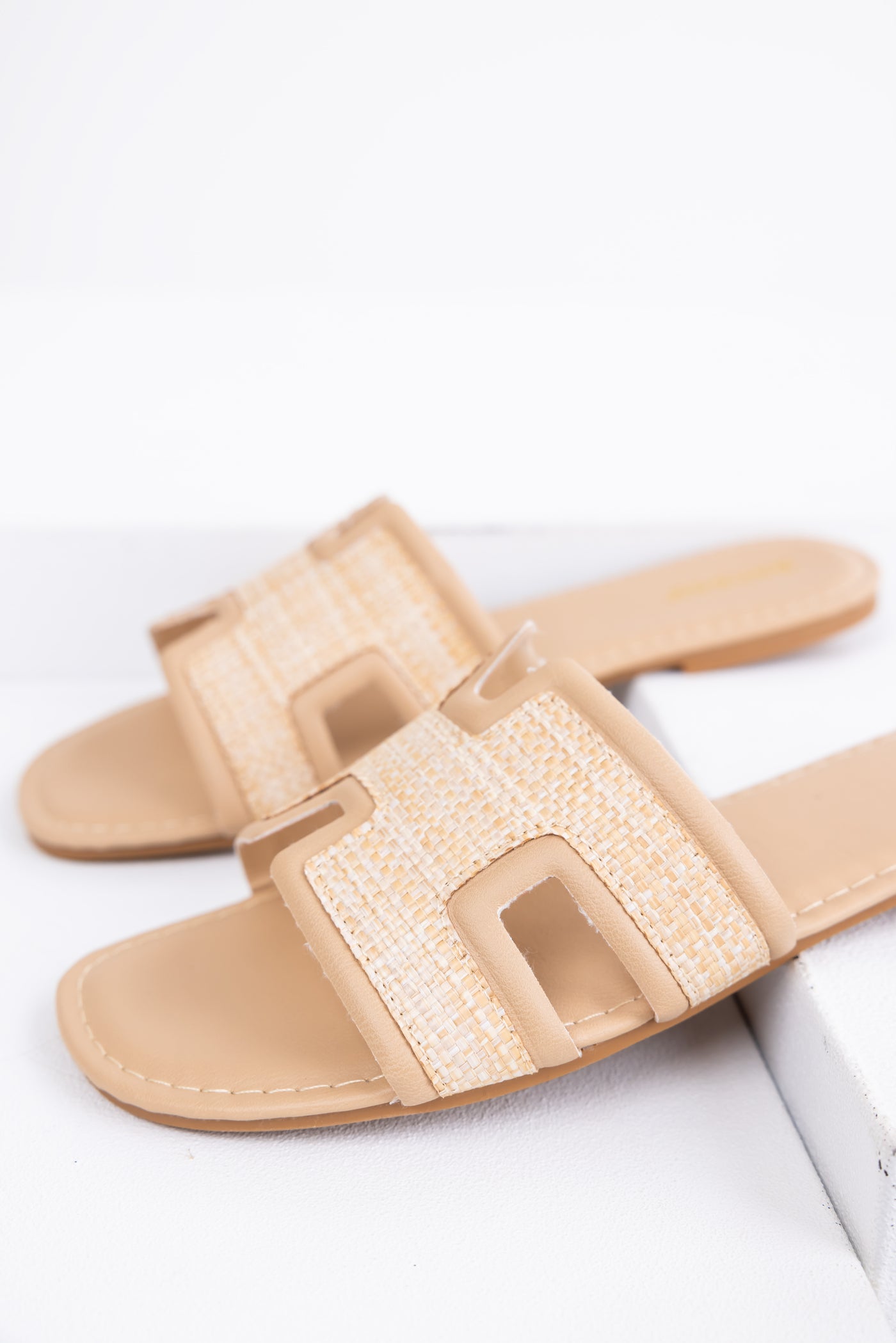 Nude Cut Out Woven Strap Open Toe Flat Sandals