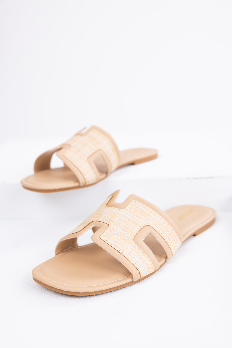 Nude Cut Out Woven Strap Open Toe Flat Sandals