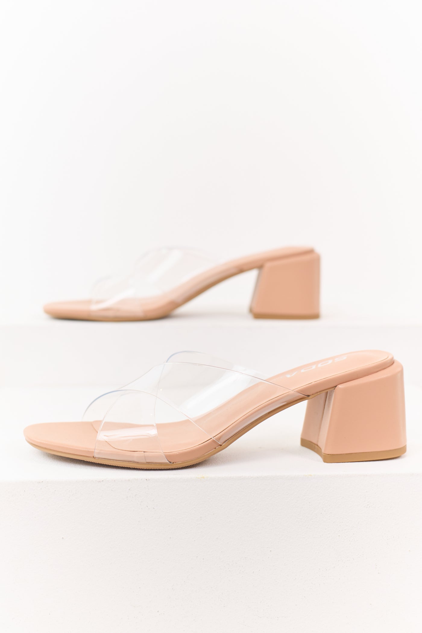 Nude Faux Leather Clear Cross Strap Block Heels
