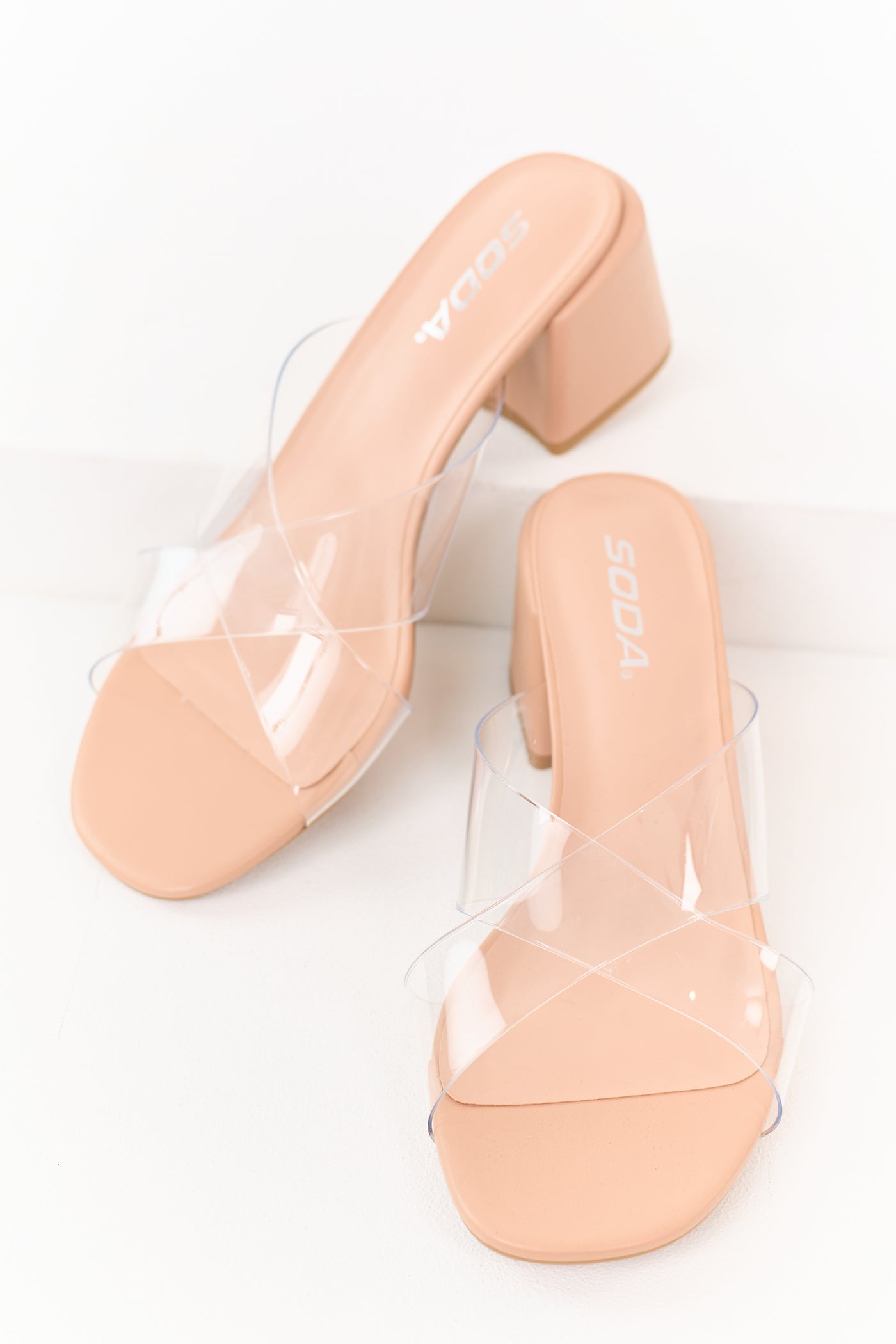 Nude Faux Leather Clear Cross Strap Block Heels