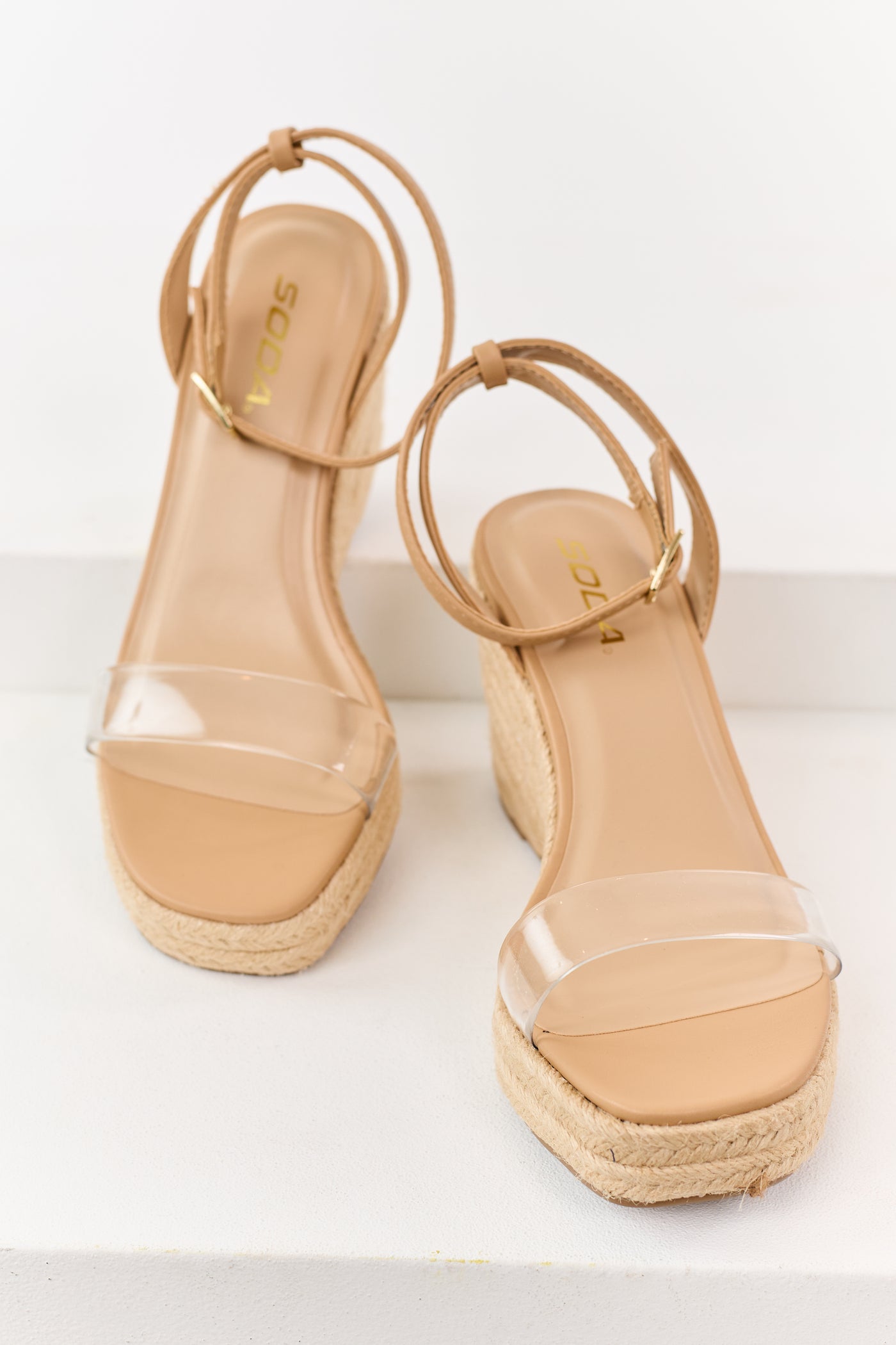 Nude Faux Leather Clear Strap Espadrille Wedges