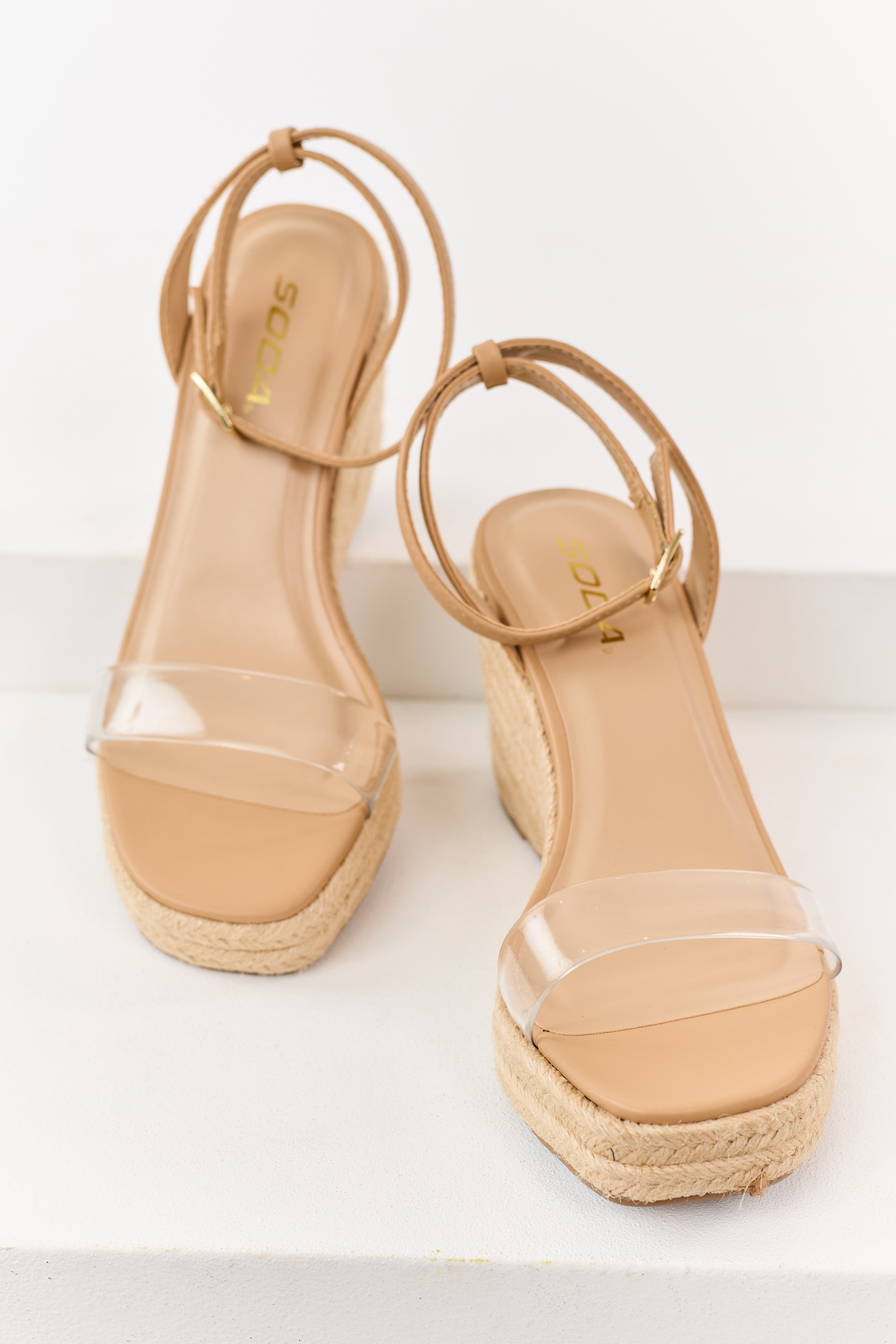 Nude Faux Leather Clear Strap Espadrille Wedges