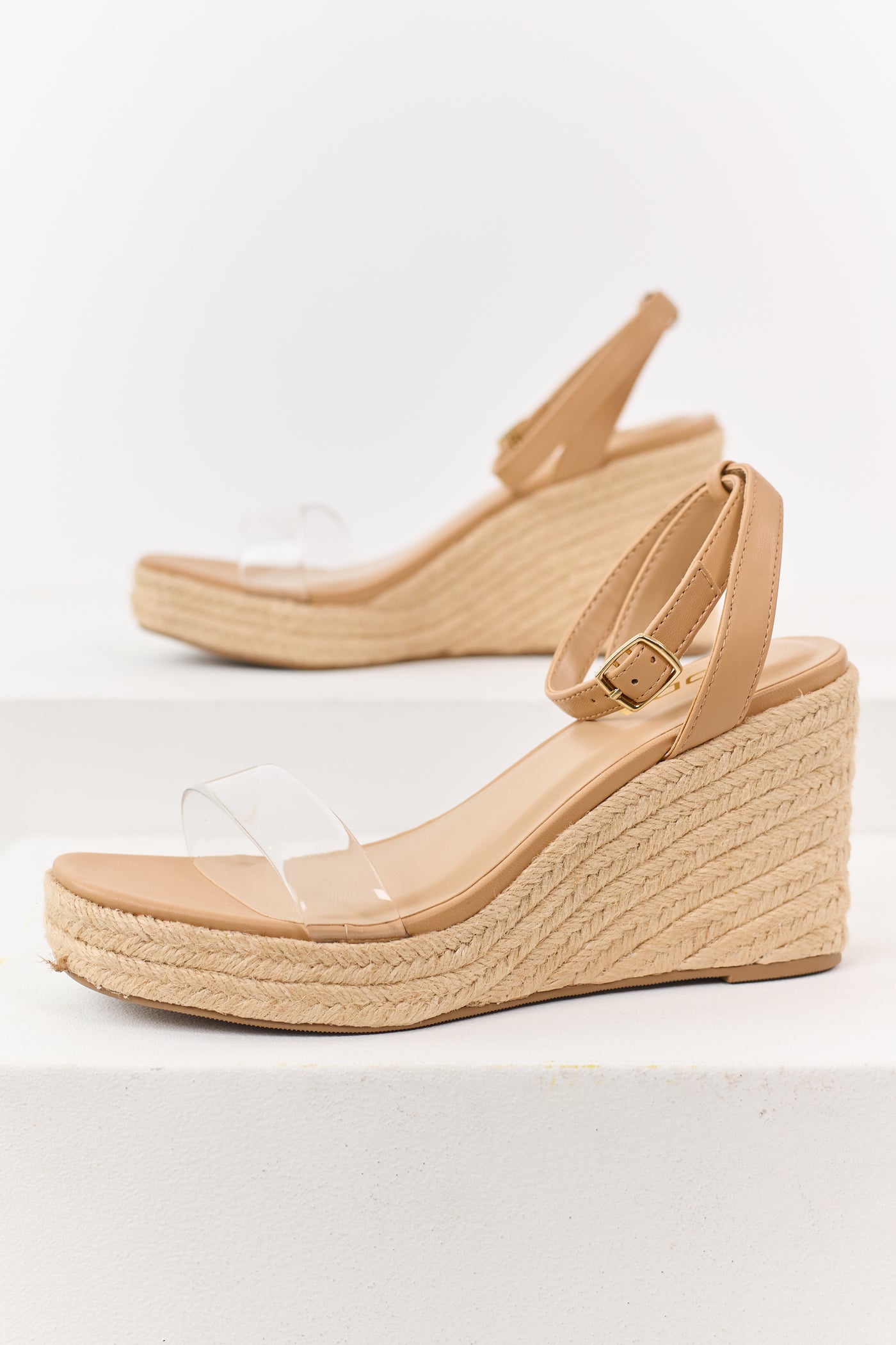 Nude Faux Leather Clear Strap Espadrille Wedges