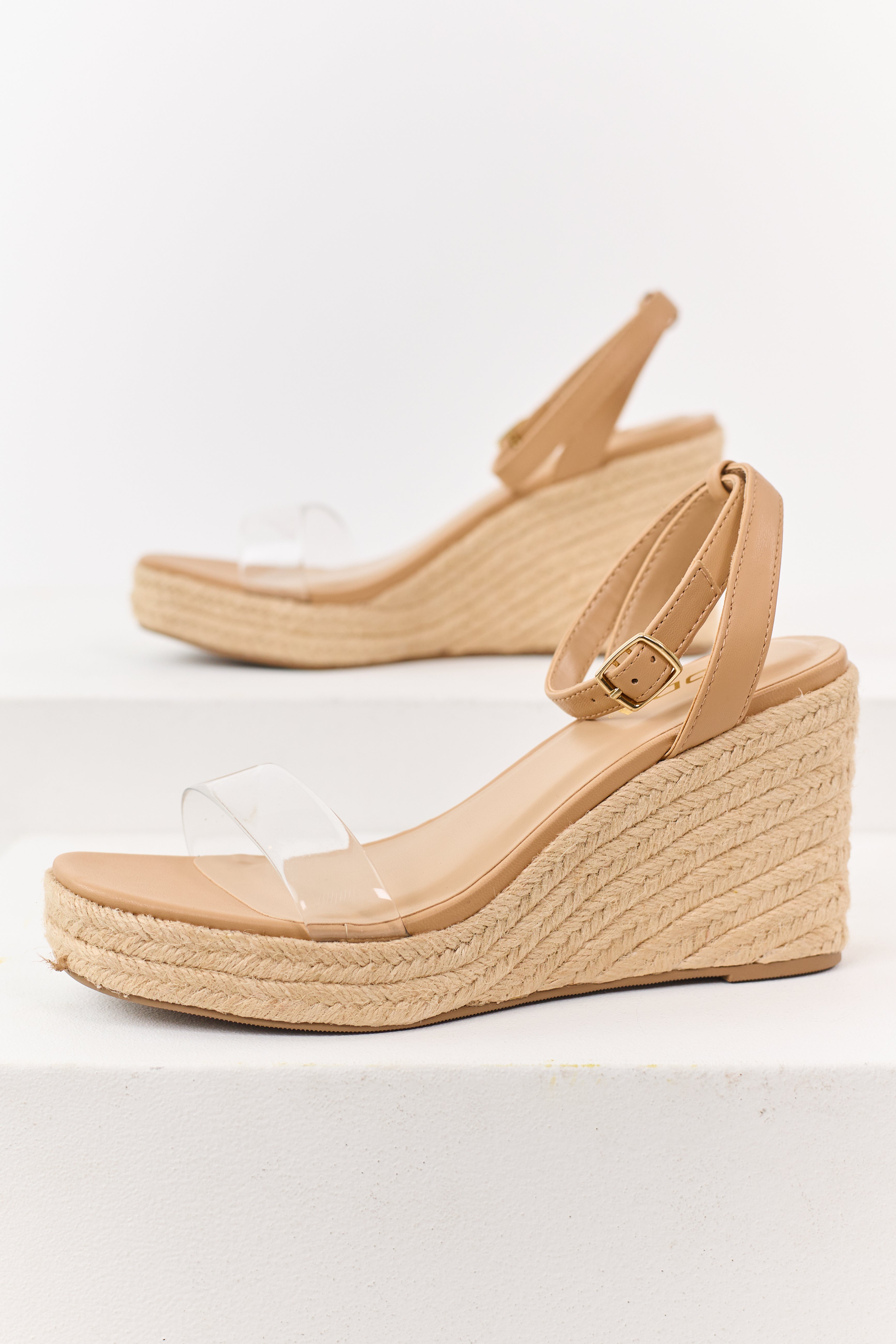 Nude Faux Leather Clear Strap Espadrille Wedges