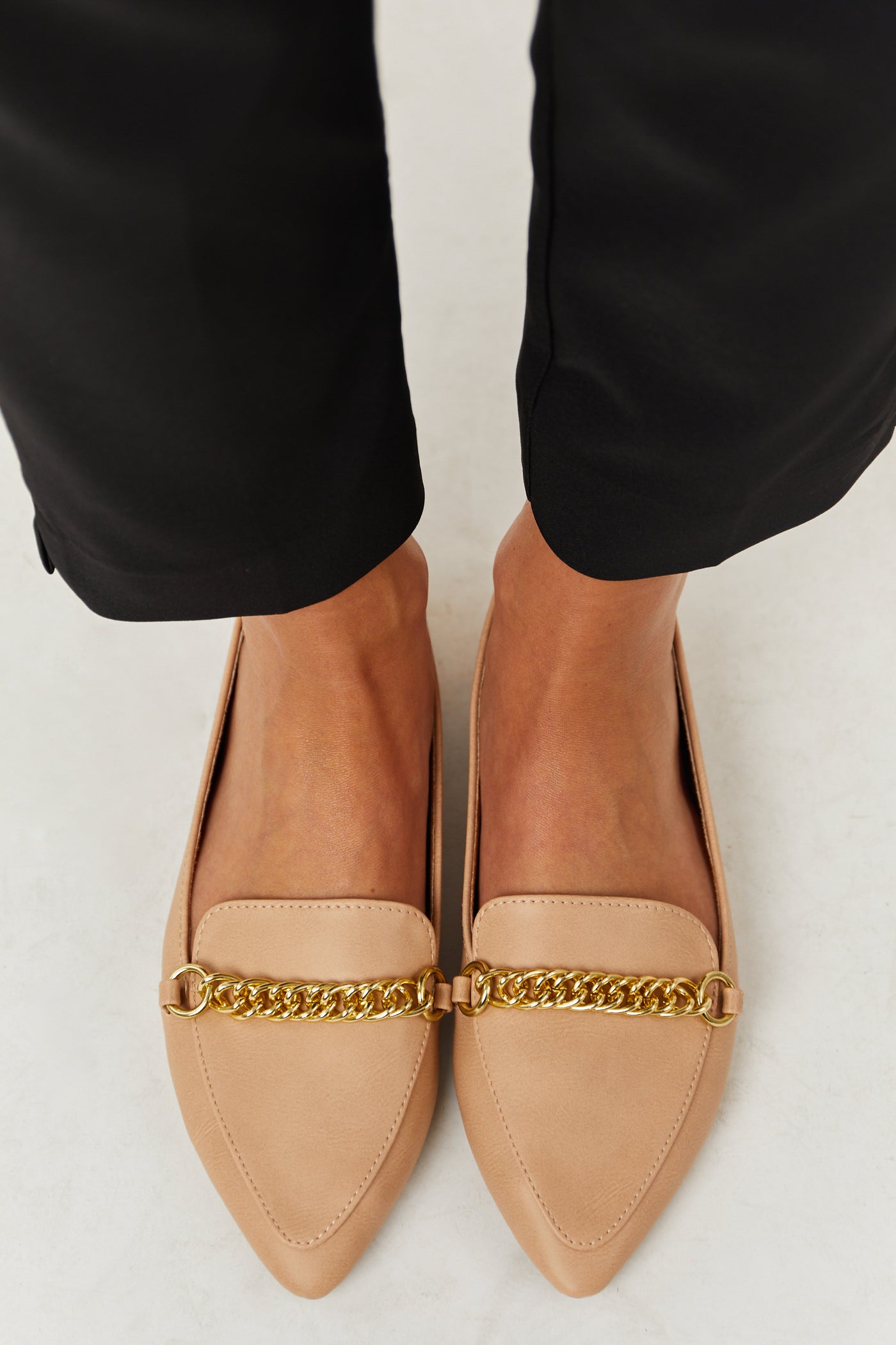 Nude Faux Leather Pointed Toe Gold Chain Loafers