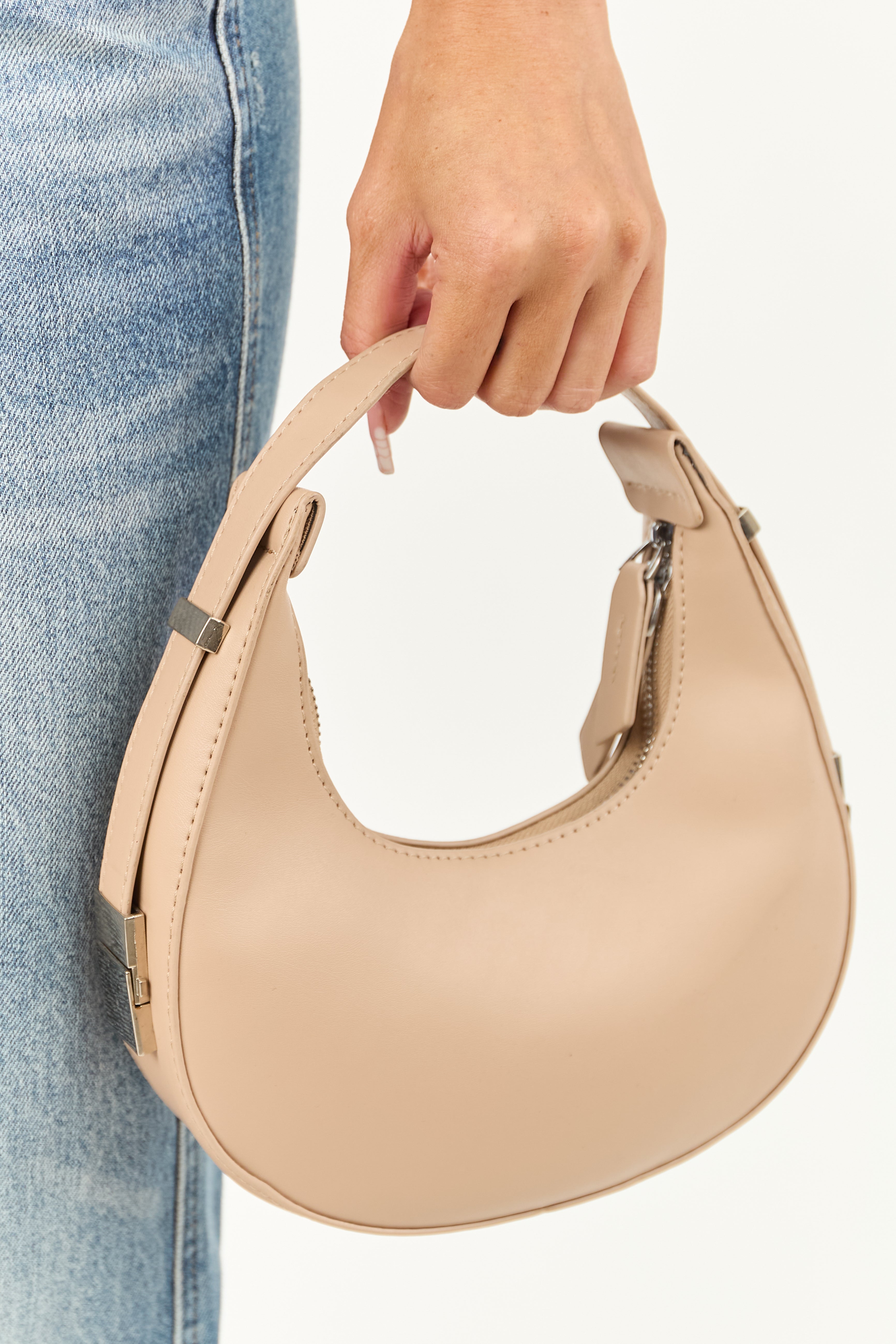 Nude Faux Leather Small Half Moon Handbag