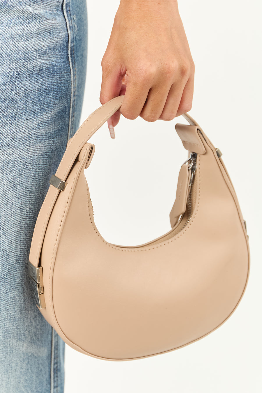 Nude Faux Leather Small Half Moon Handbag