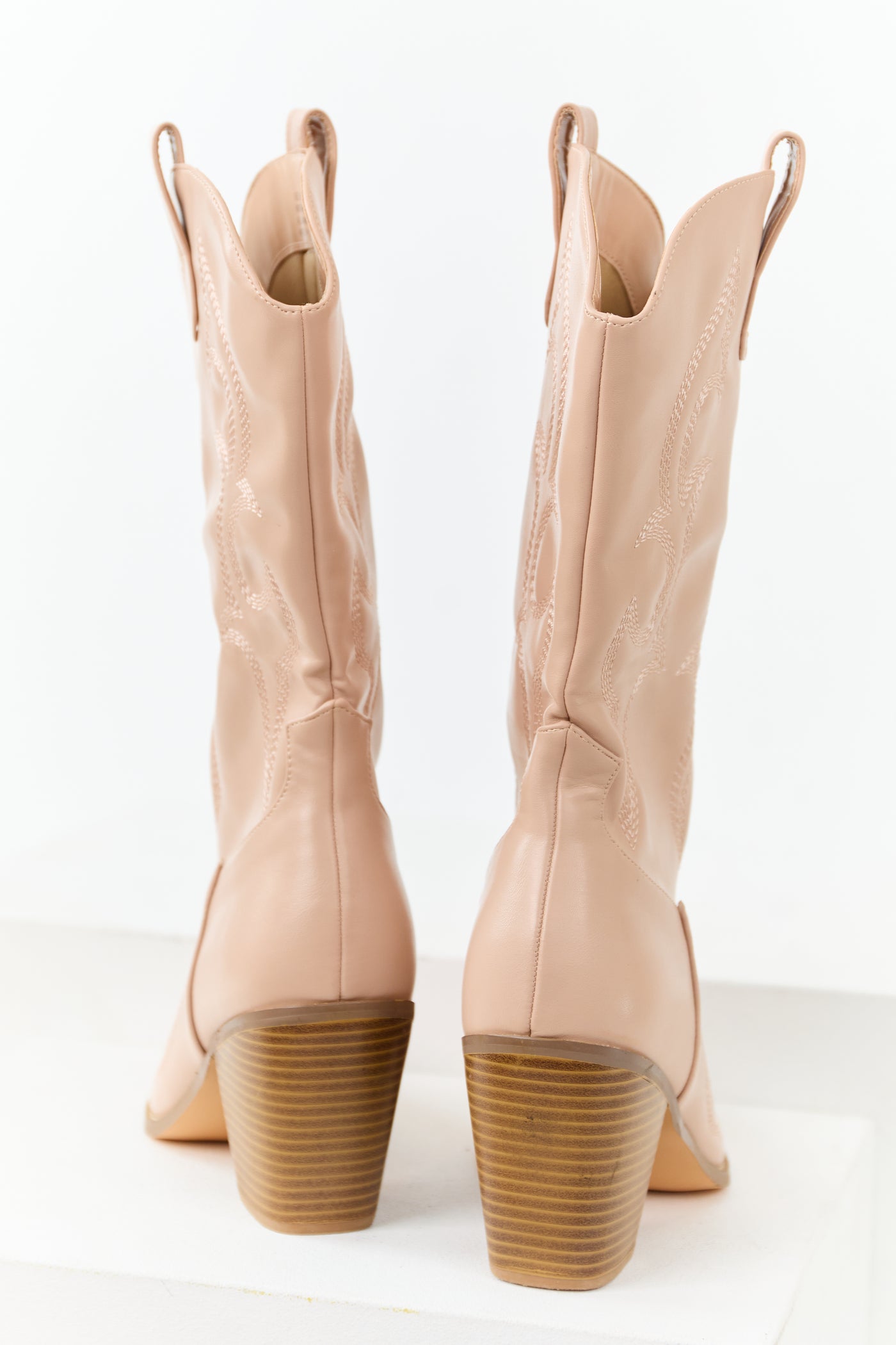 Nude Faux Leather Stacked Heel Cowboy Boots