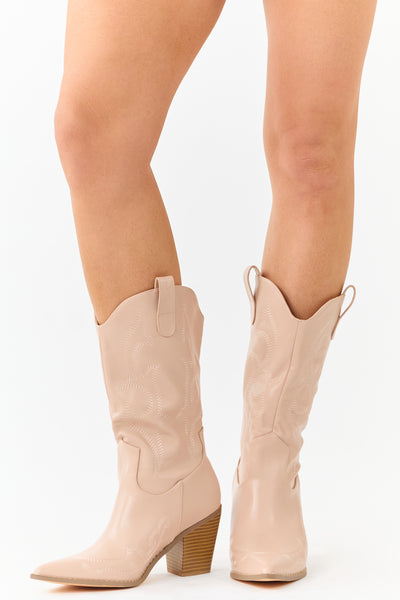 Nude Faux Leather Stacked Heel Cowboy Boots