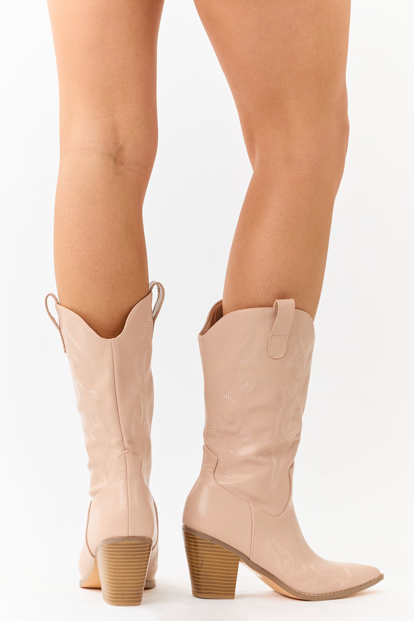 Nude Faux Leather Stacked Heel Cowboy Boots