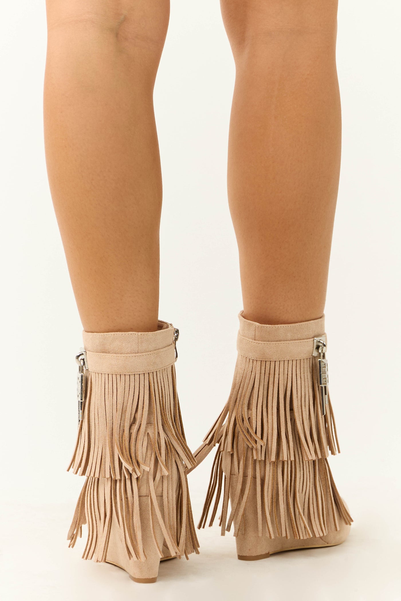 Nude Fringe Wedge Ankle Booties