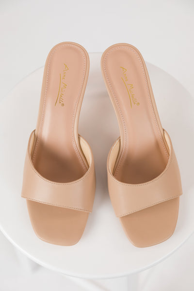 Nude Pleather Open Toe Slip On Low Heels