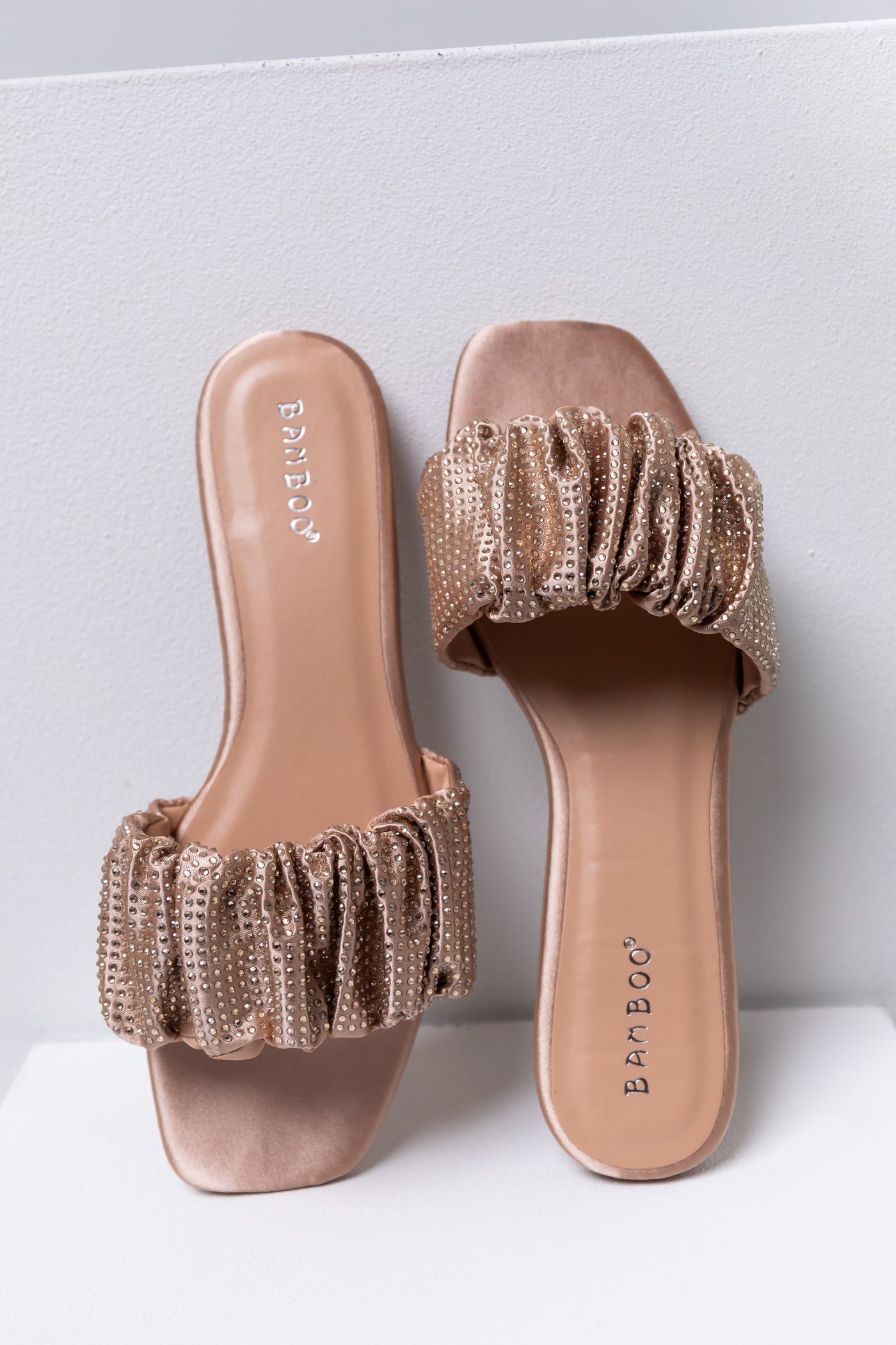 Nude Satin Ruched Rhinestone Strap Sandals