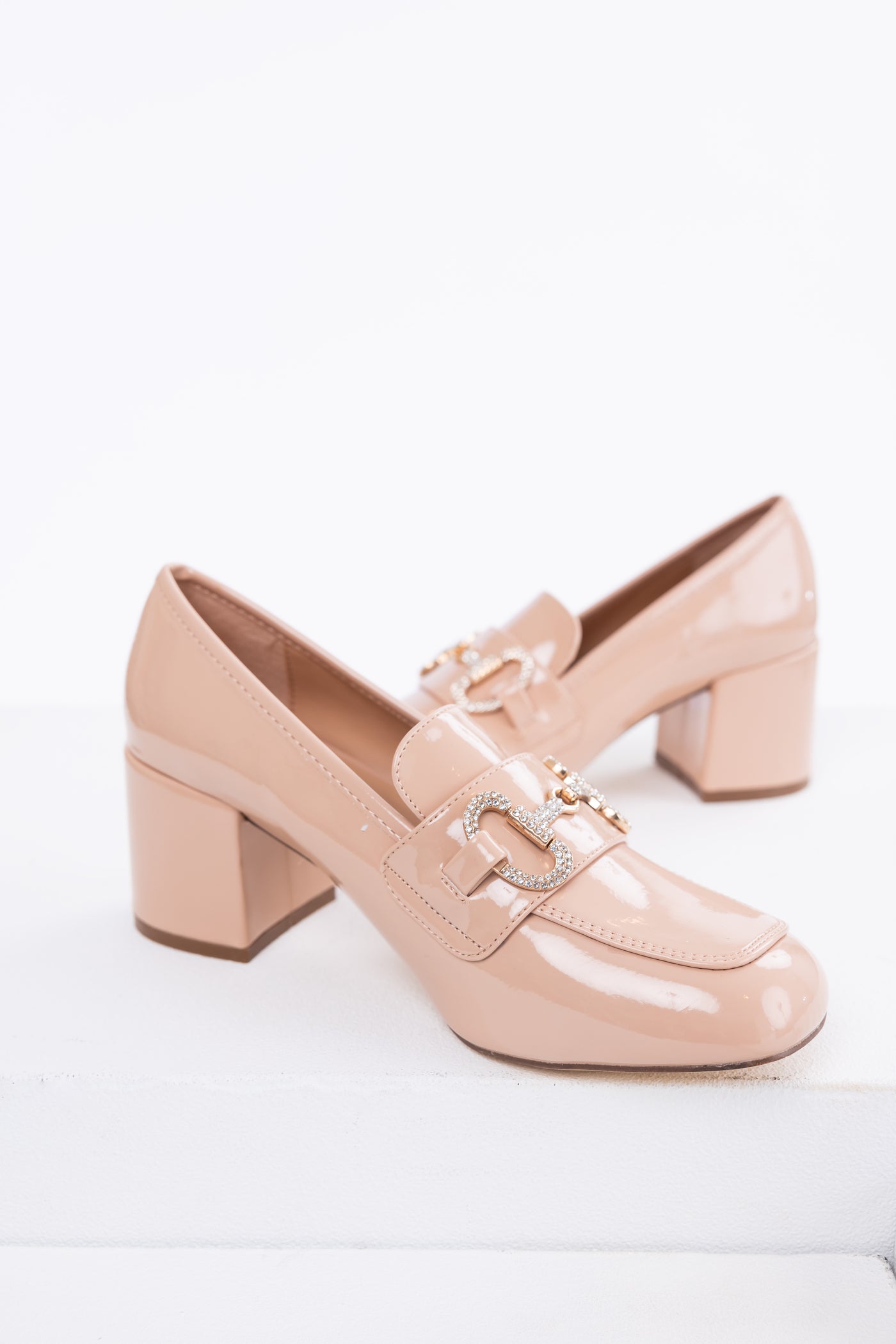 Nude Shiny Leather Block Heel Loafers