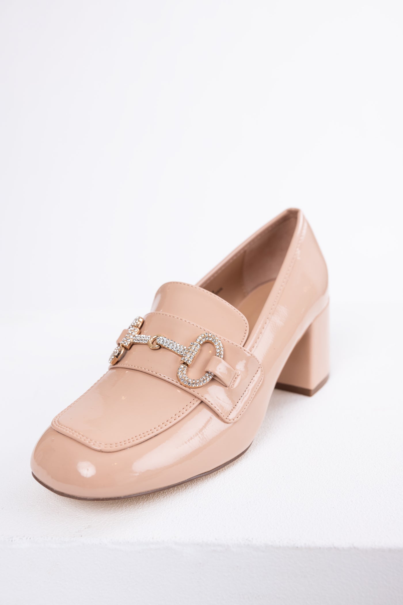 Nude Shiny Leather Block Heel Loafers