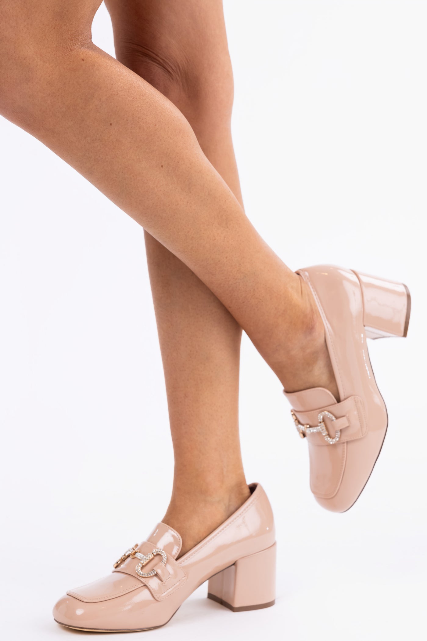 Nude Shiny Leather Block Heel Loafers