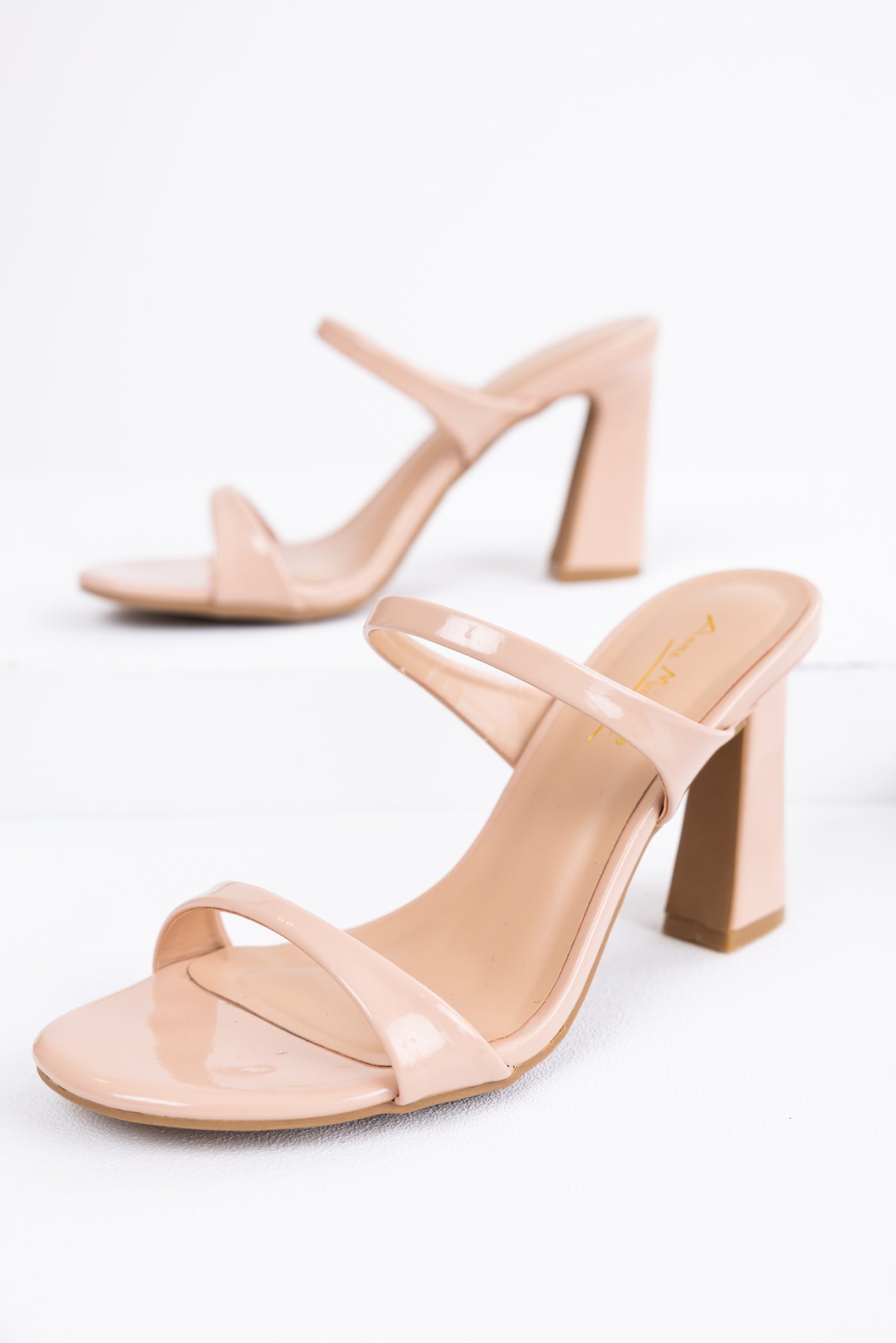 Nude Shiny Two Strap Block Heels