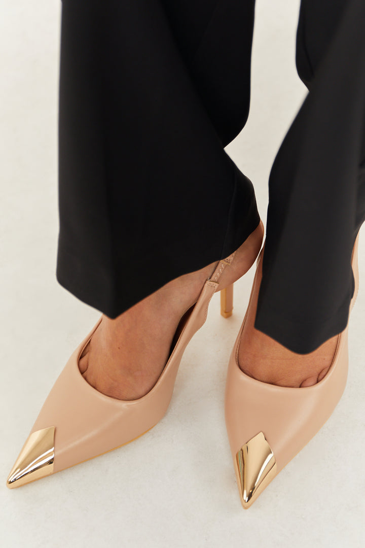 Nude Slingback Heels with Gold Pointed Toe