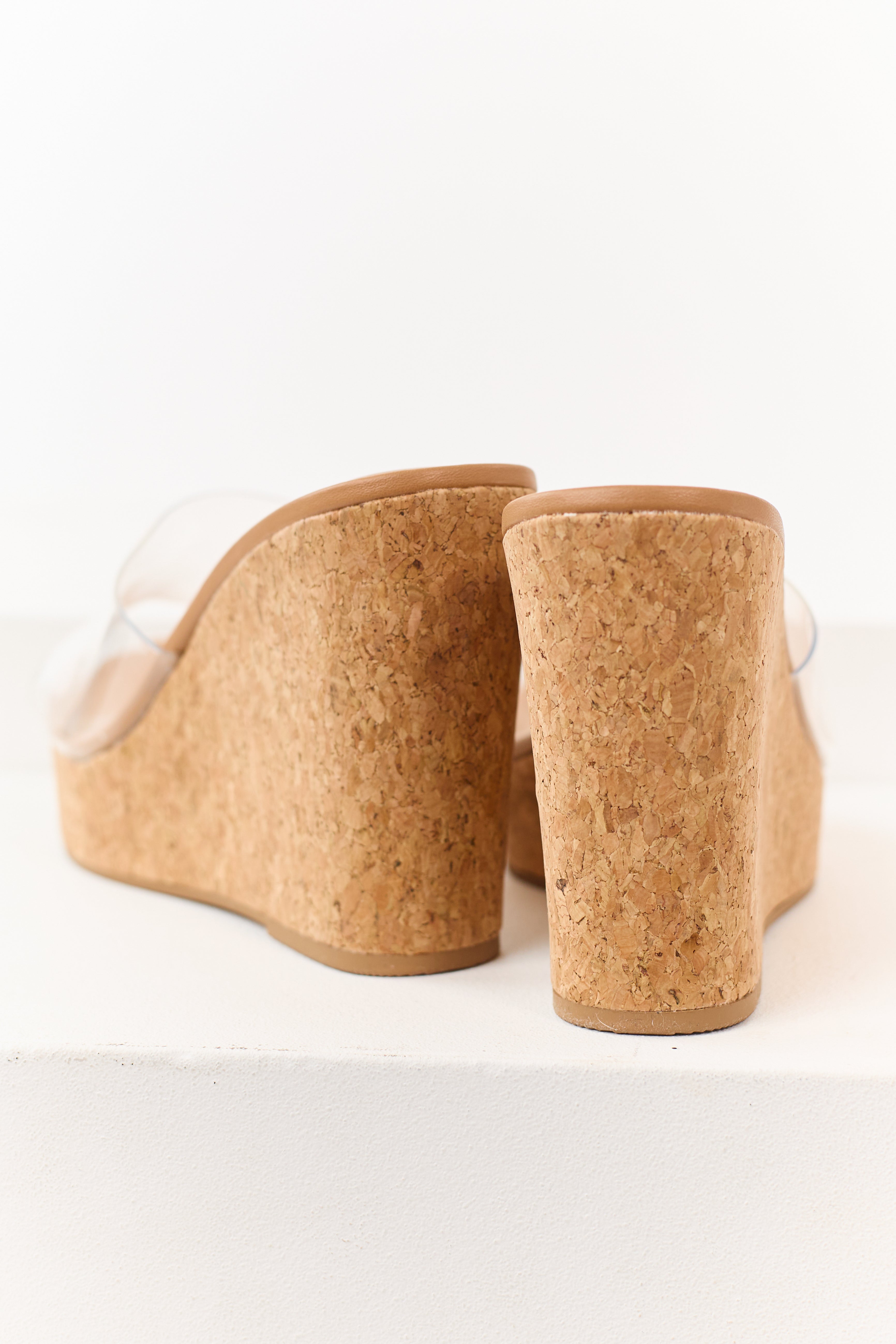 Nude Square Toe Clear Strap Cork Wedges