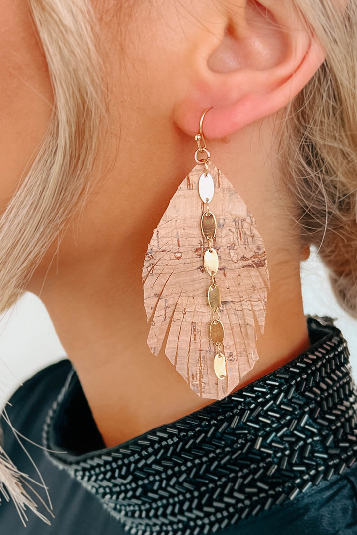 Nude Textured Feathered Earrings with Gold Chain Detail