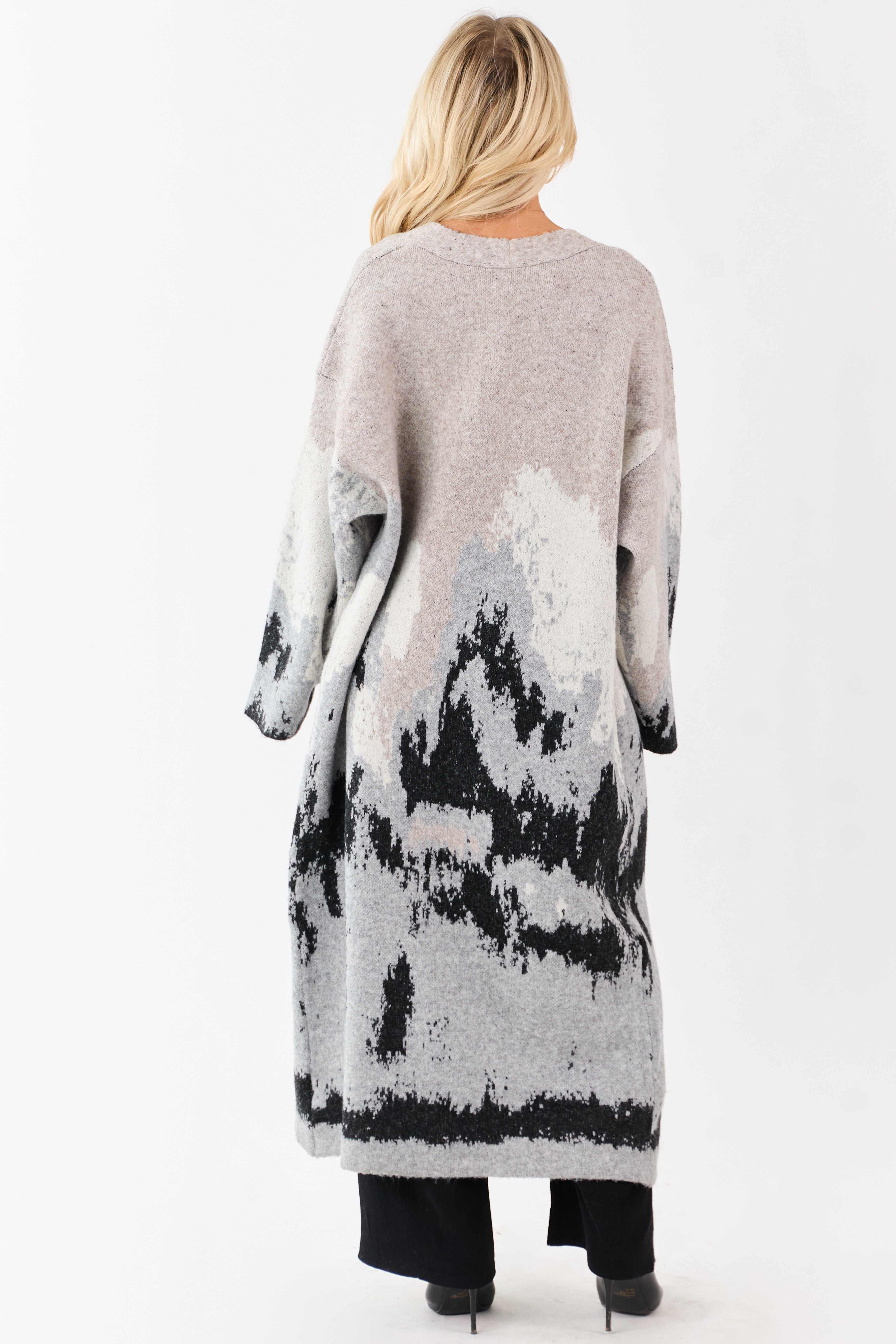 Oatmeal Abstract Mountain Jacquard Duster Cardigan