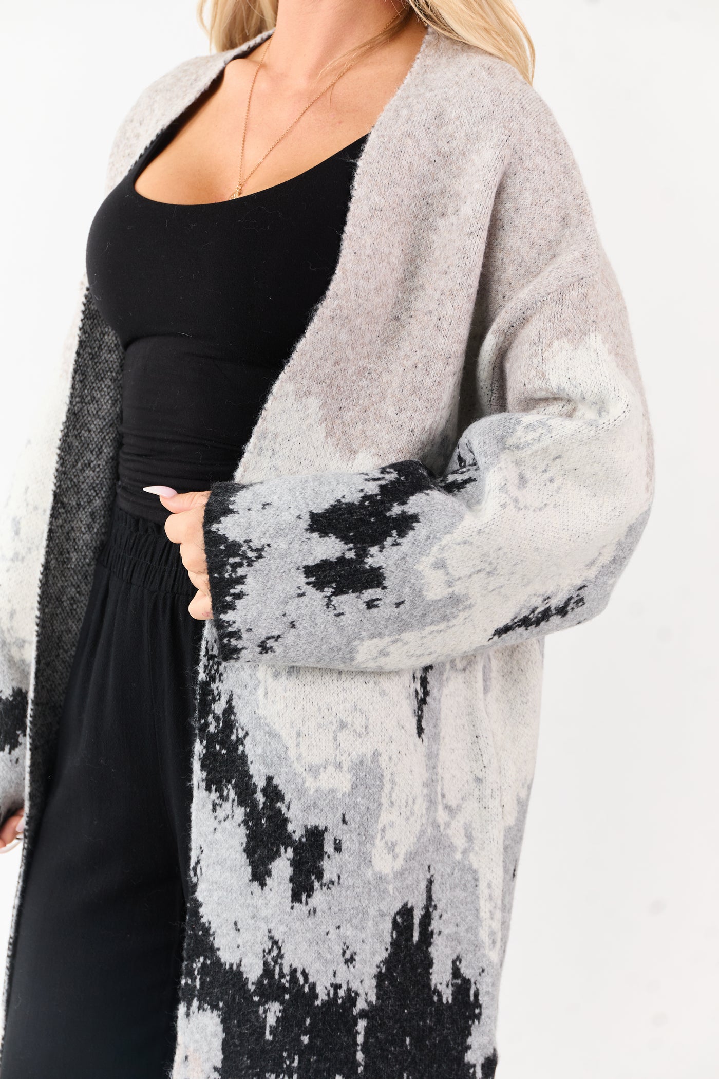 Oatmeal Abstract Mountain Jacquard Duster Cardigan
