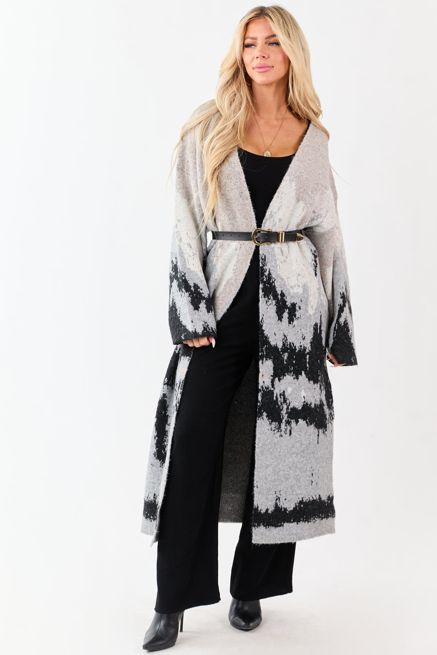 Oatmeal Abstract Mountain Jacquard Duster Cardigan