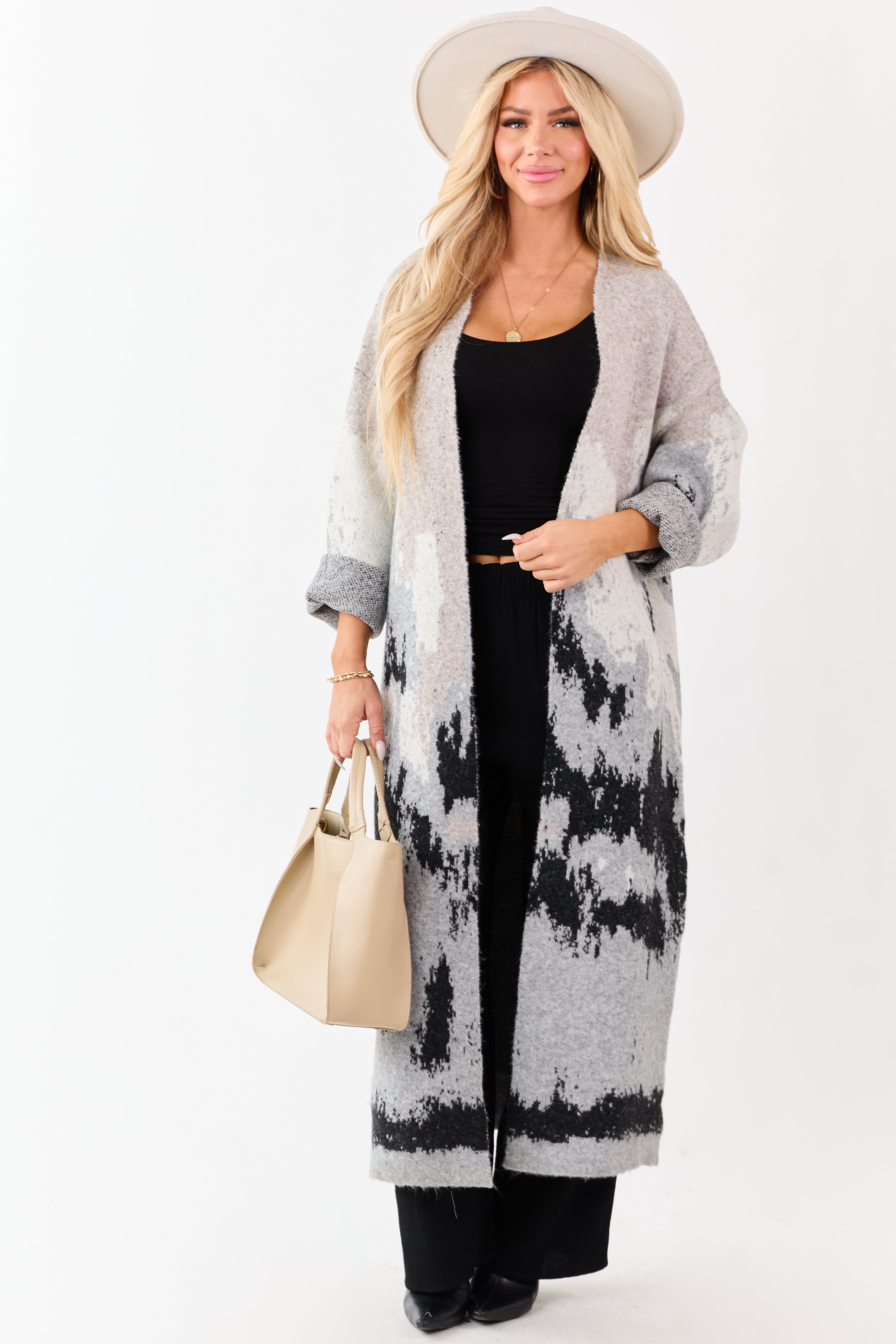 Oatmeal Abstract Mountain Jacquard Duster Cardigan