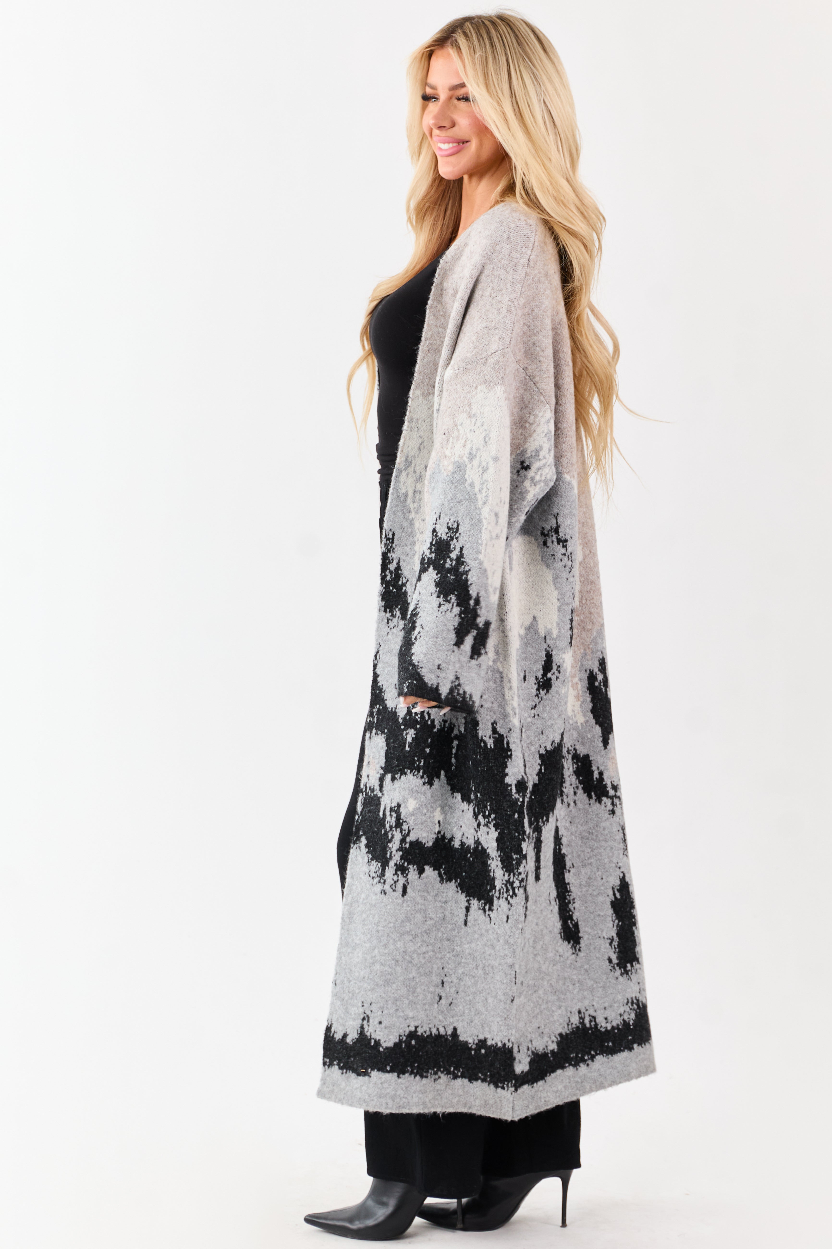 Oatmeal Abstract Mountain Jacquard Duster Cardigan
