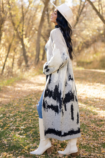 Oatmeal Abstract Mountain Jacquard Duster Cardigan