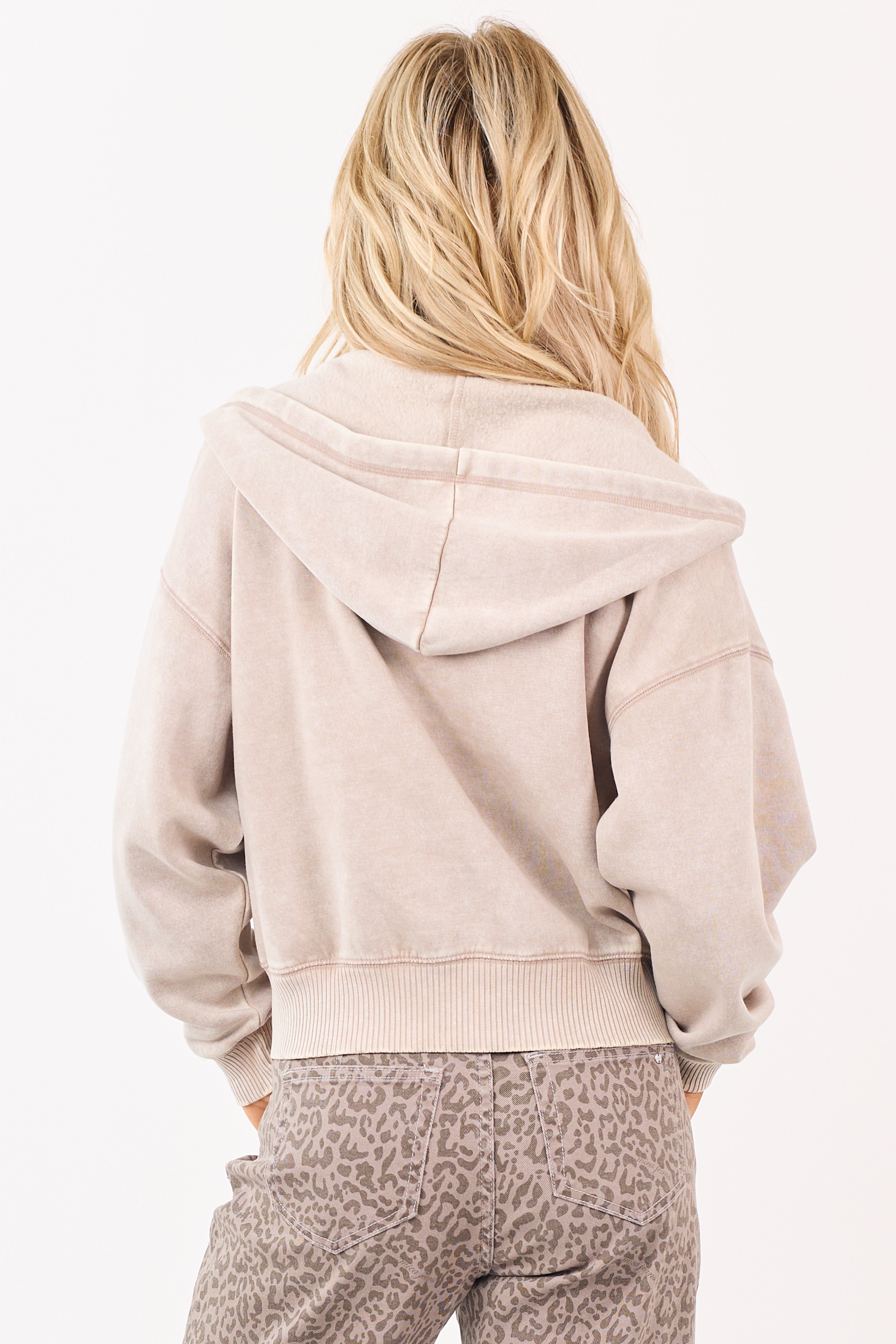 Oatmeal Acid Wash Fleece Lined Zip Up Hoodie
