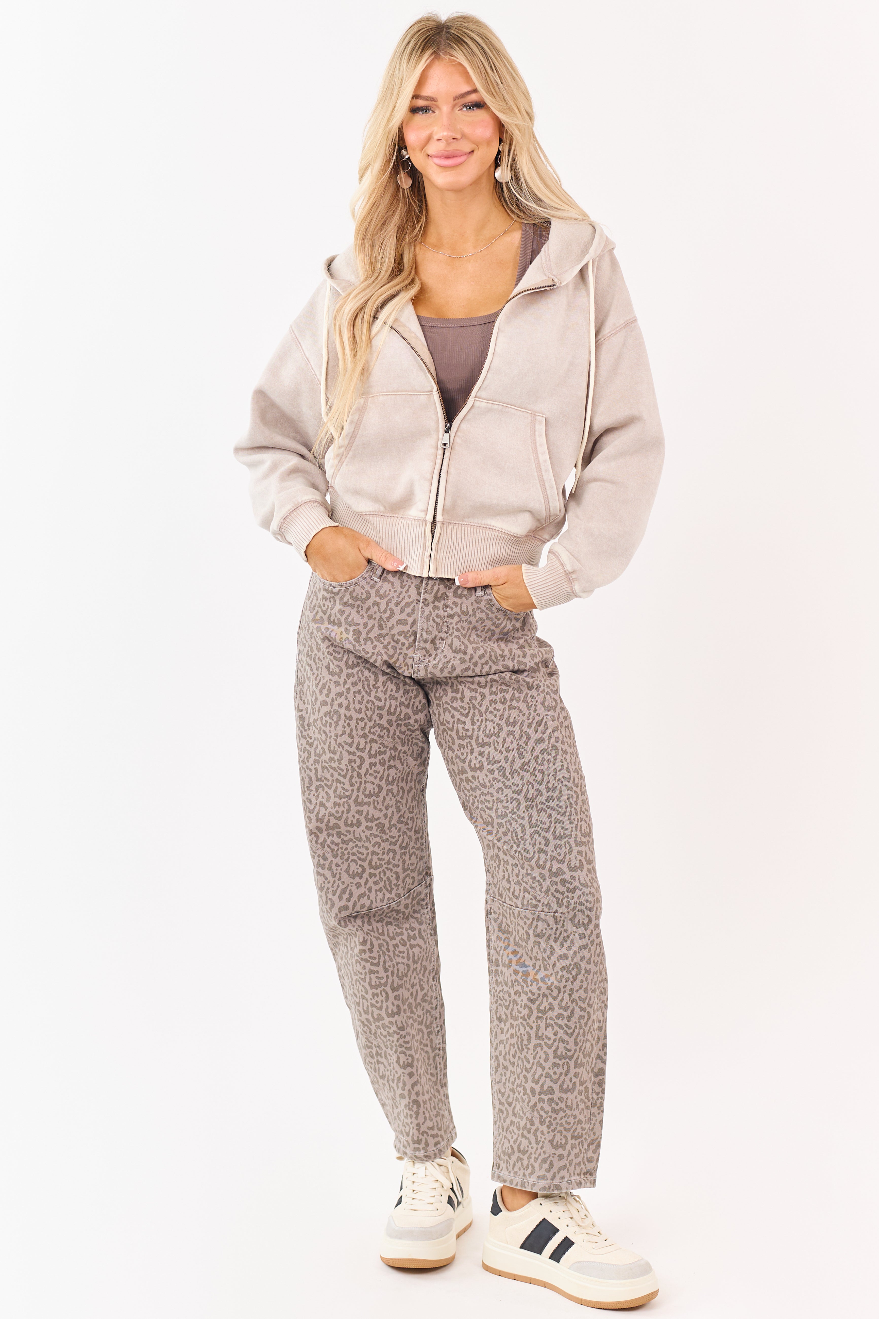 Oatmeal Acid Wash Fleece Lined Zip Up Hoodie