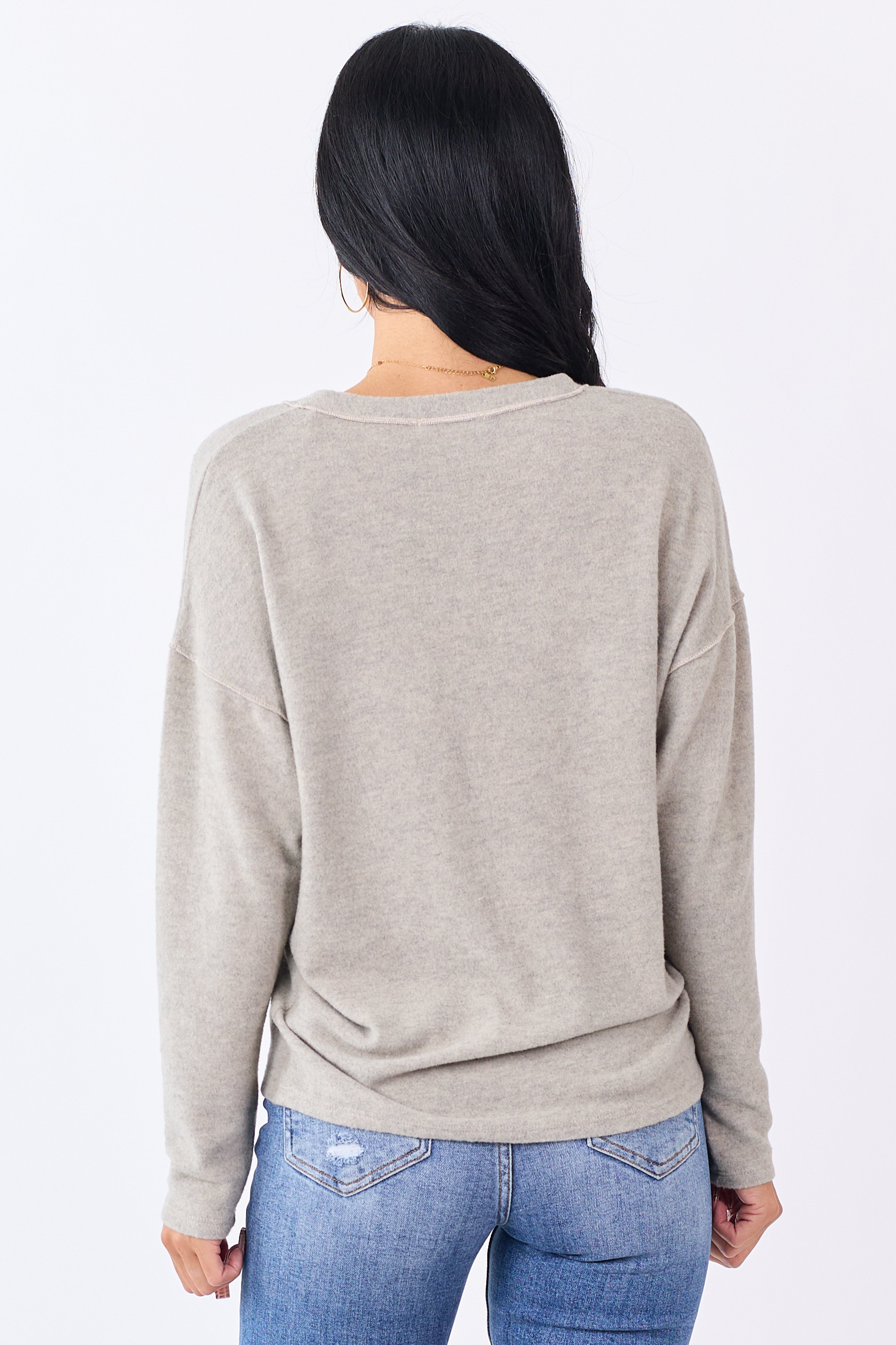Oatmeal Brushed Knit V-Neck Long Sleeve Top