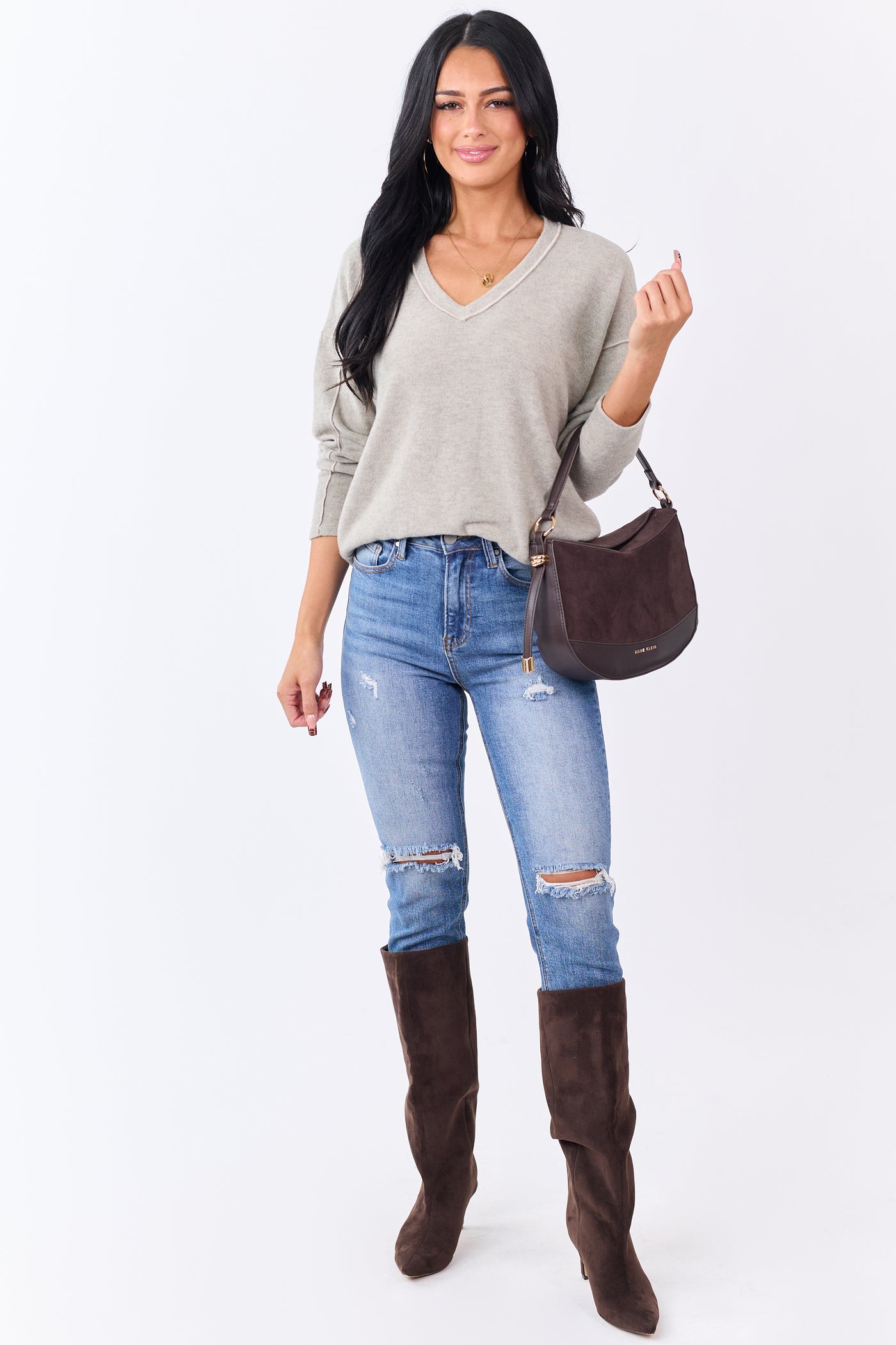 Oatmeal Brushed Knit V-Neck Long Sleeve Top