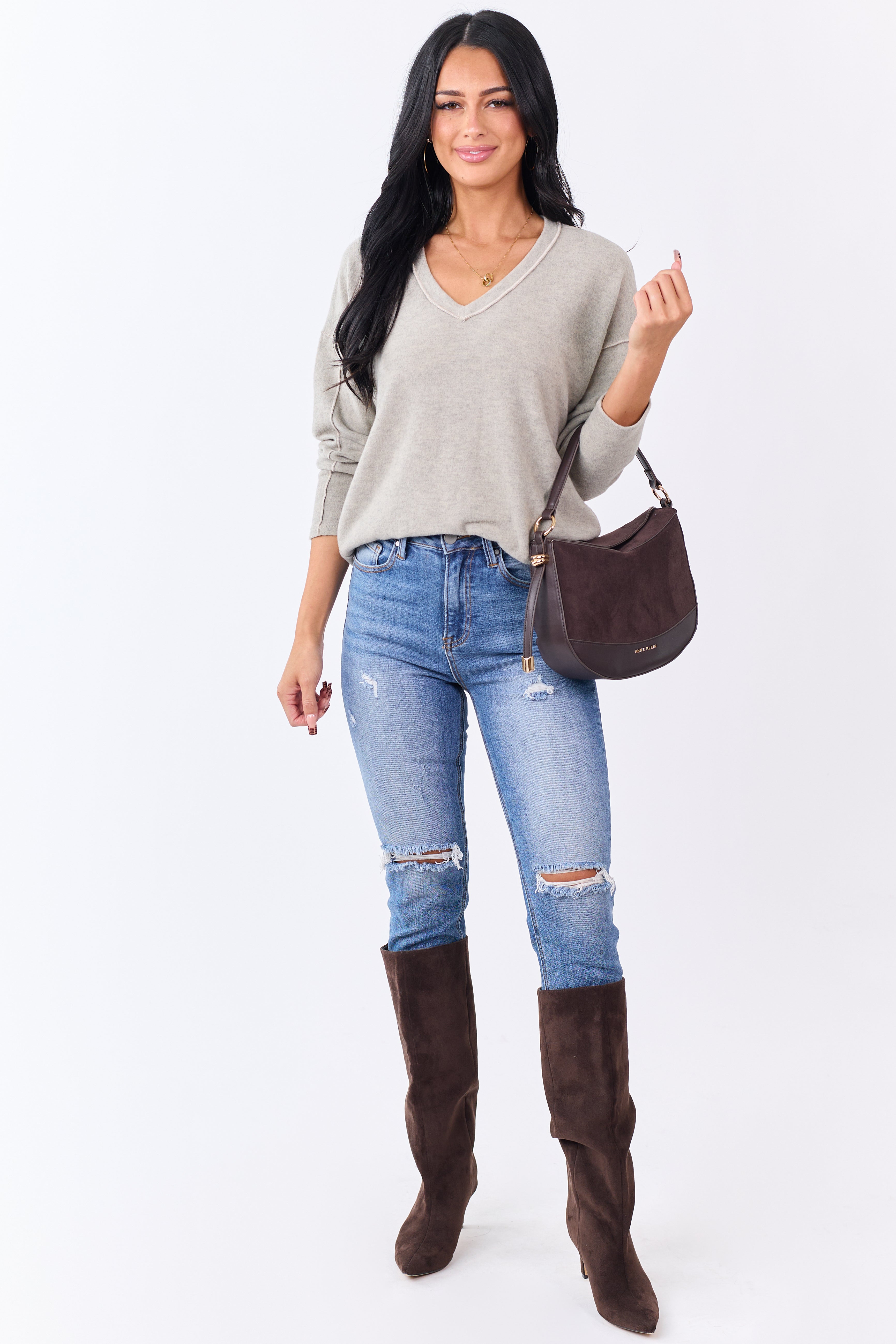 Oatmeal Brushed Knit V-Neck Long Sleeve Top