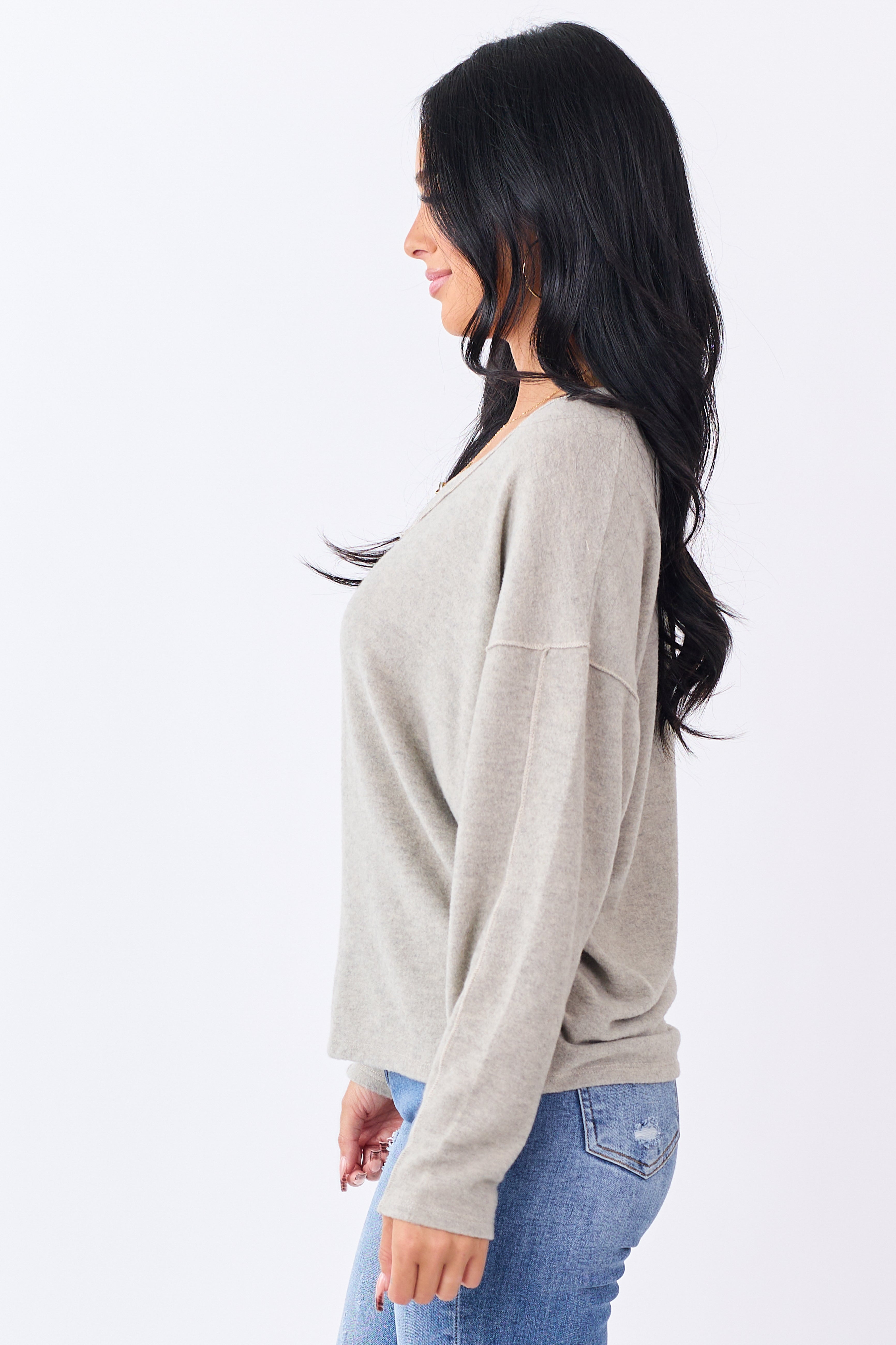 Oatmeal Brushed Knit V-Neck Long Sleeve Top