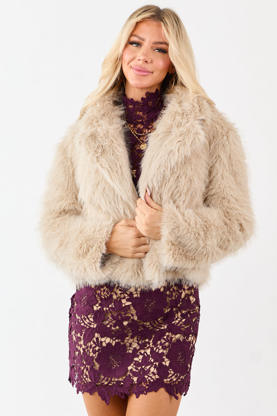 Oatmeal Button Down Collared Faux Fur Jacket