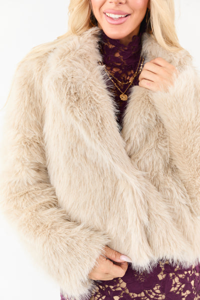 Oatmeal Button Down Collared Faux Fur Jacket