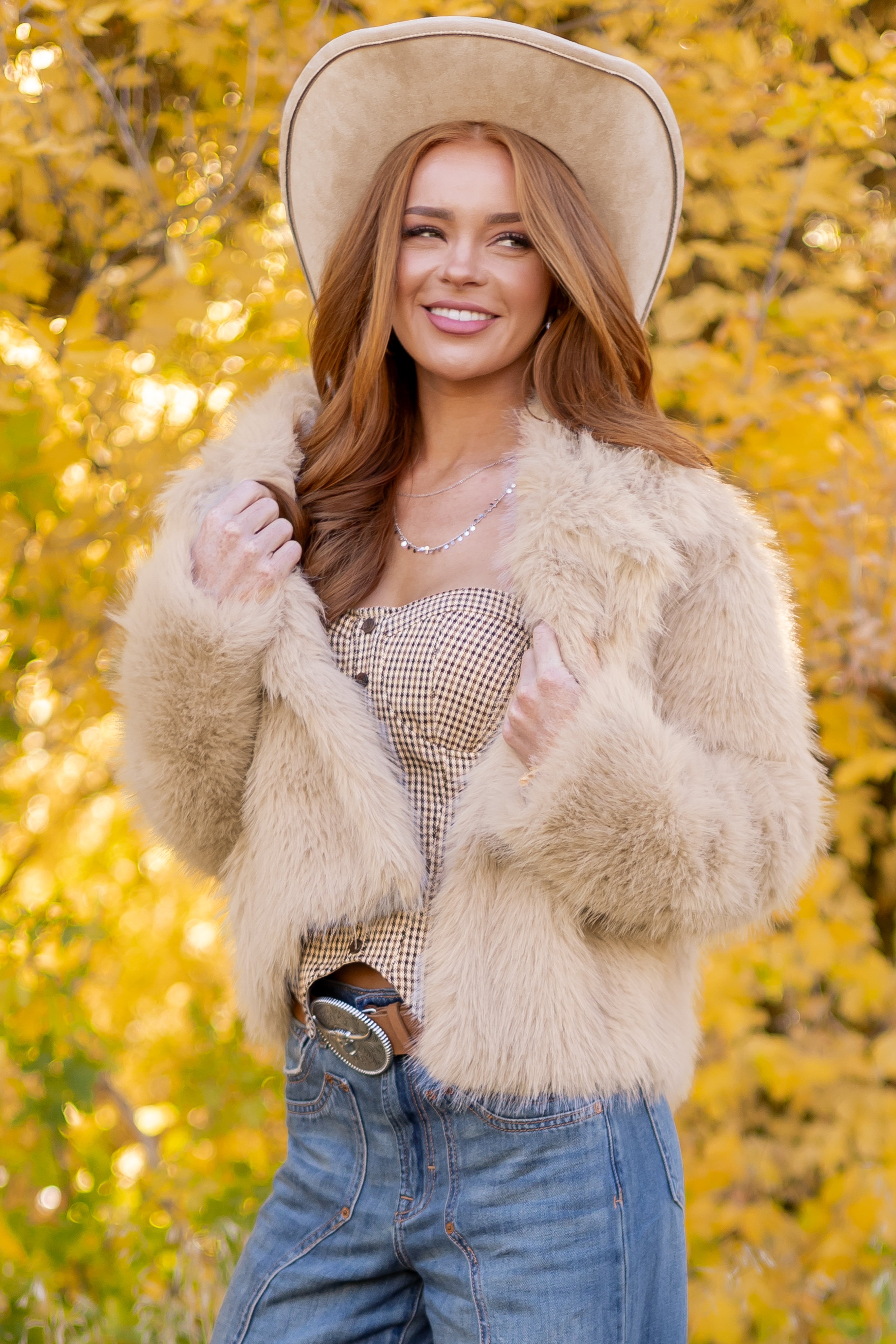 Oatmeal Button Down Collared Faux Fur Jacket
