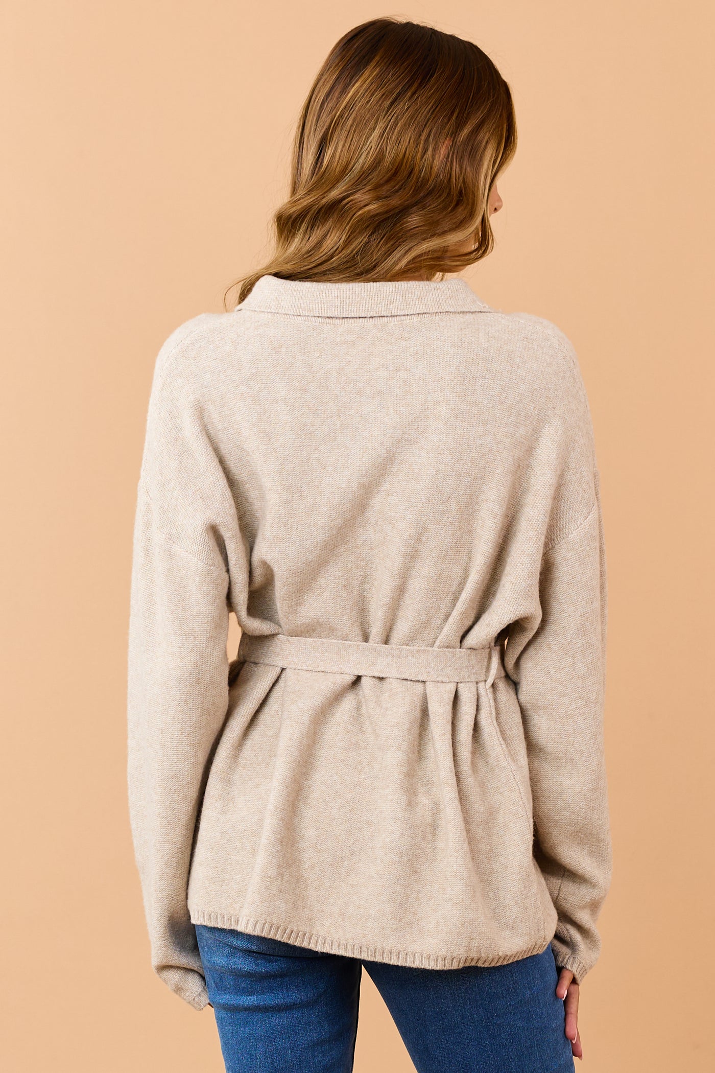 Oatmeal Button Down Waist Tie Sweater Cardigan