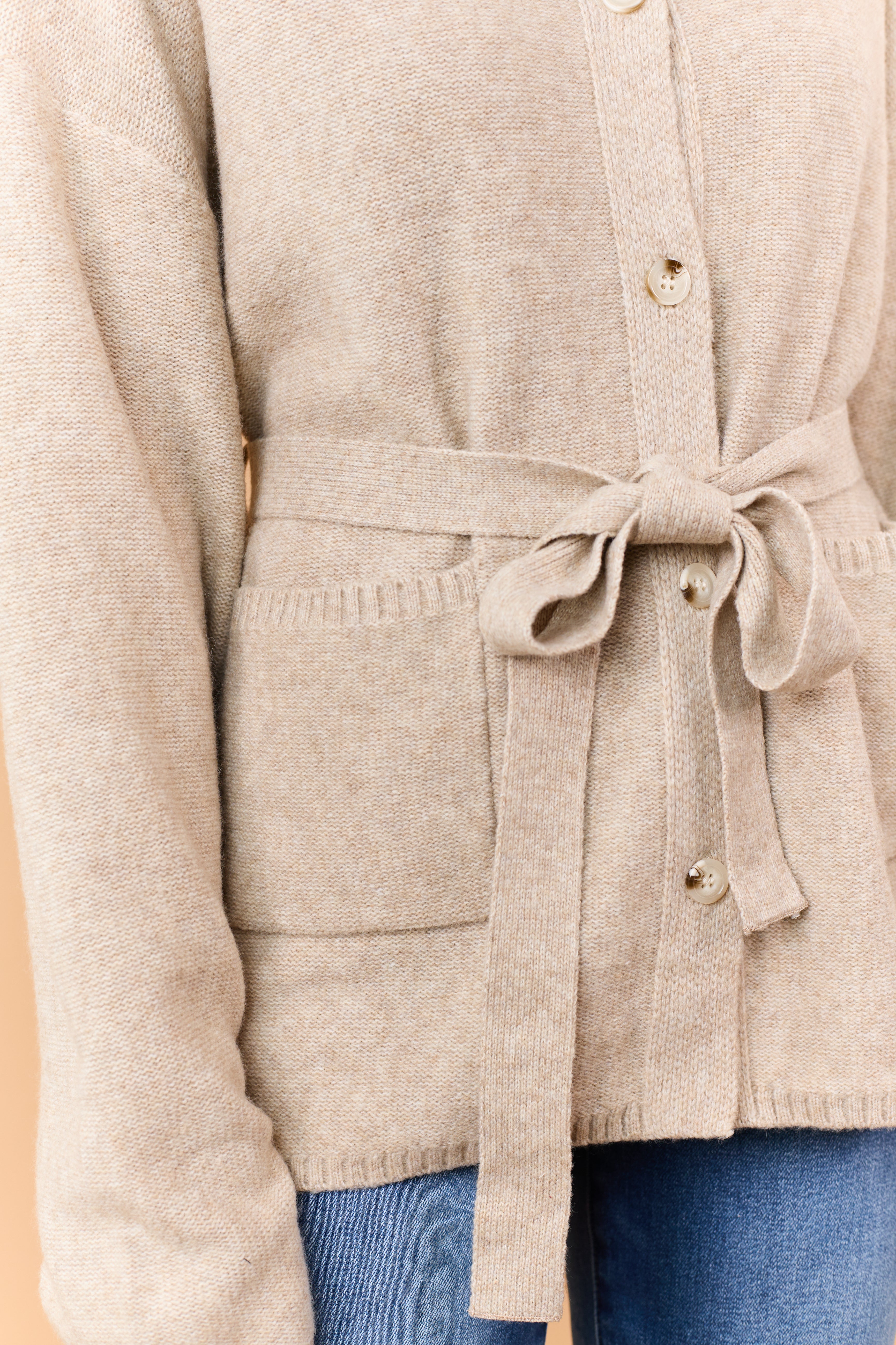 Oatmeal Button Down Waist Tie Sweater Cardigan